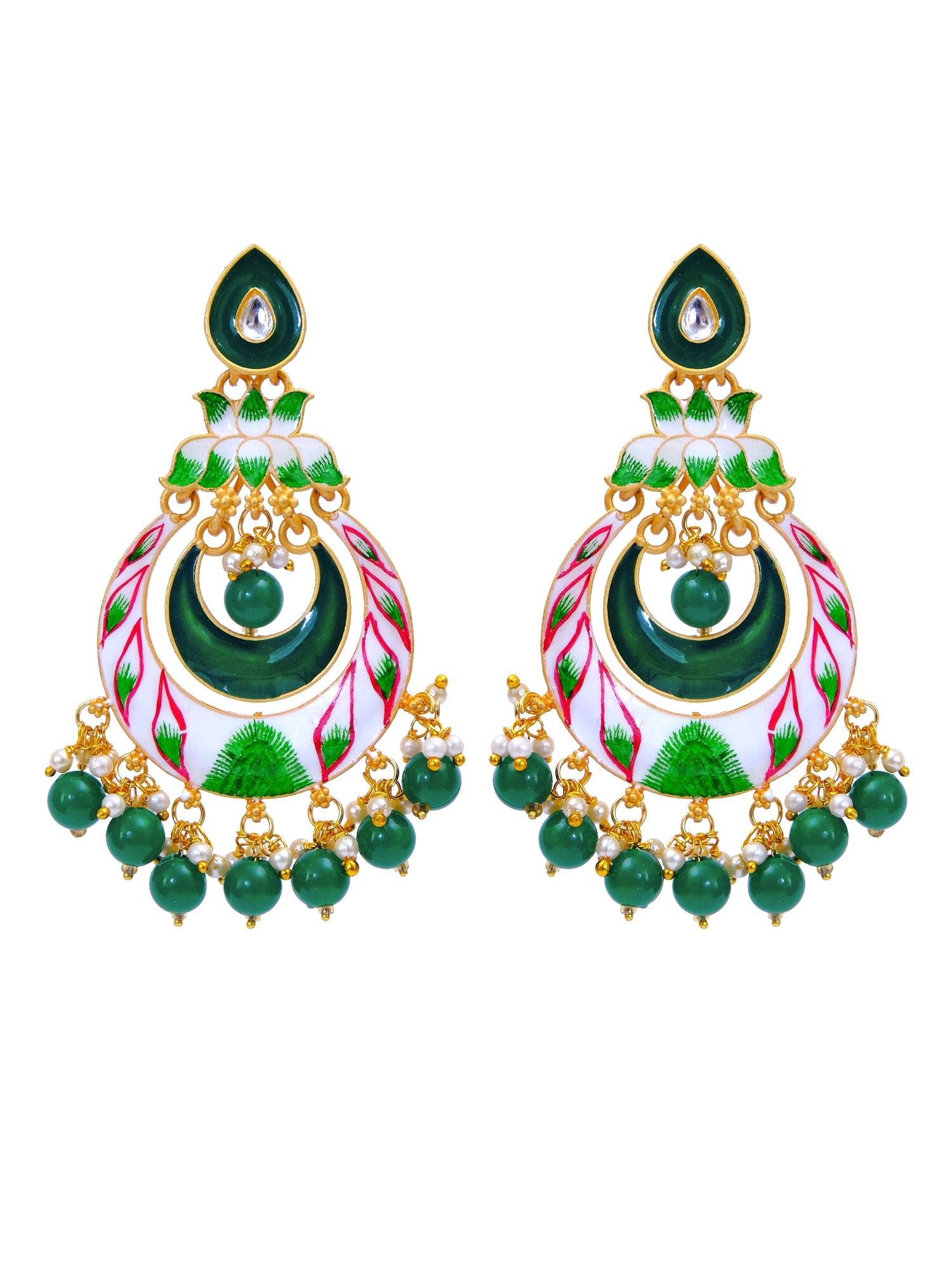 Gold Plated Traditional Lotus Green & White Chandbali Dangler Earrings for Women
