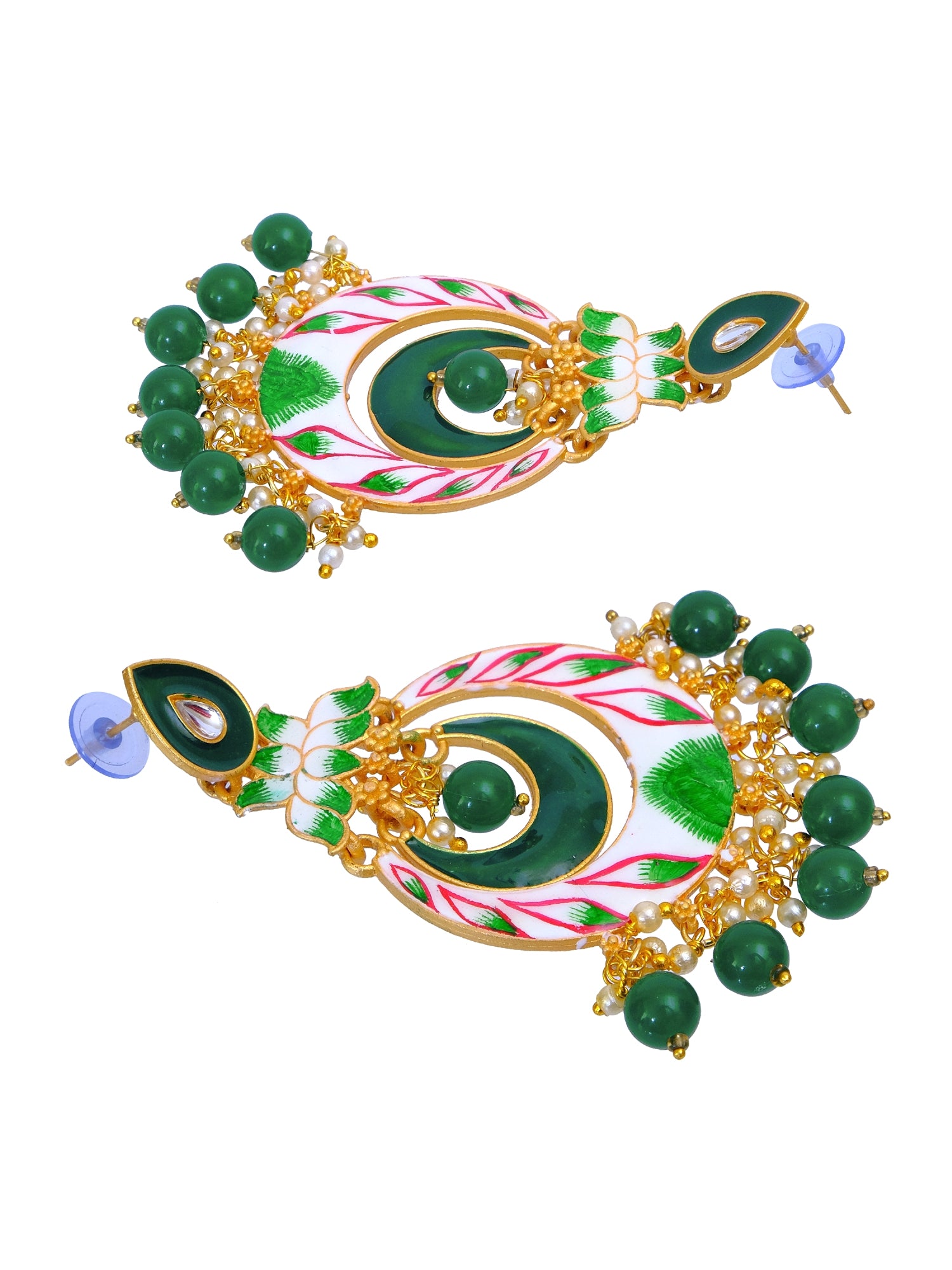 Gold Plated Traditional Lotus Green & White Chandbali Dangler Earrings for Women