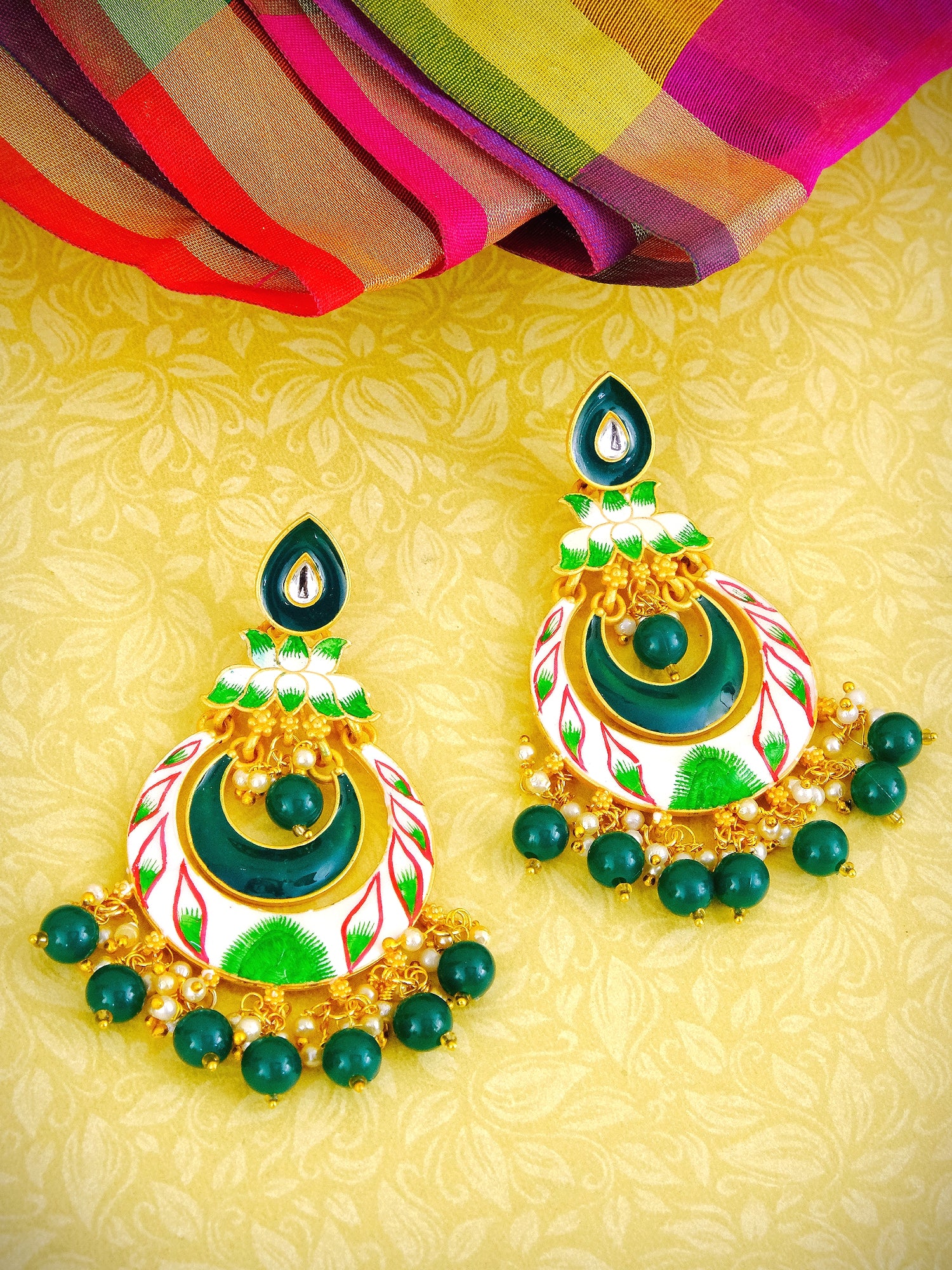 Gold Plated Traditional Lotus Green & White Chandbali Dangler Earrings for Women