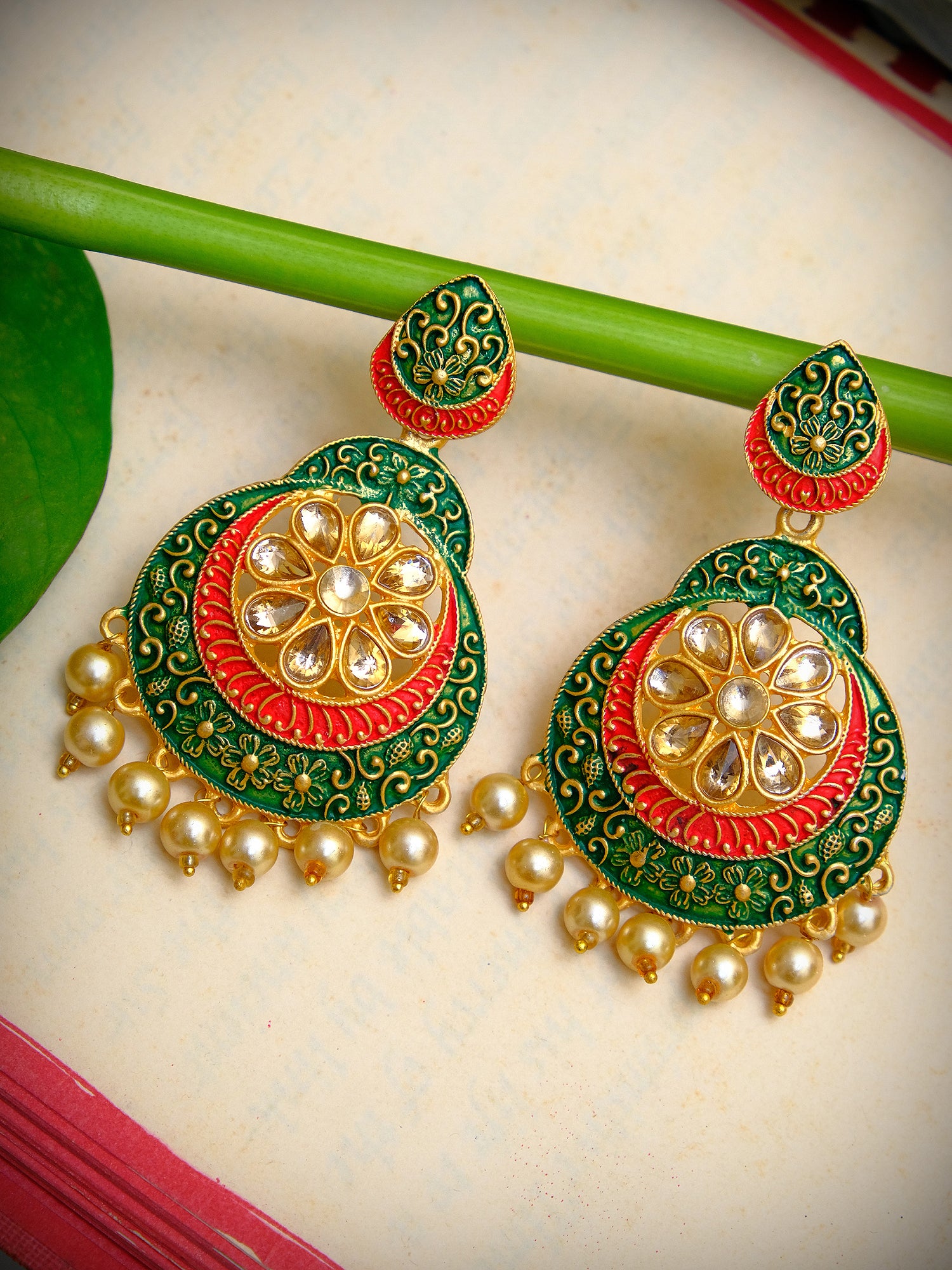 Traditional Long Drop Stone Earrings for Women in Gold
