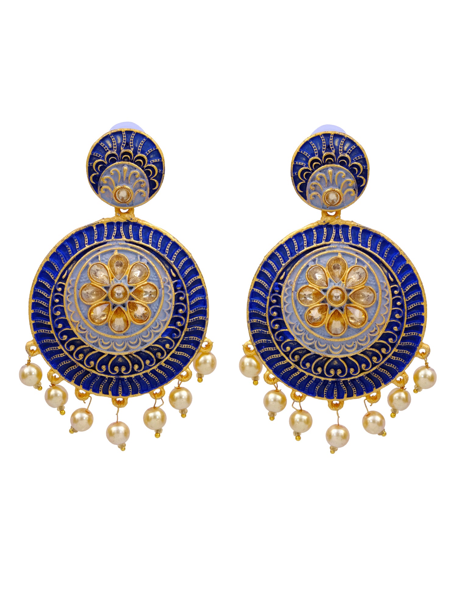 Gold Plated Long Danglers Stone Earrings for Women - Trendy Round Blue Design