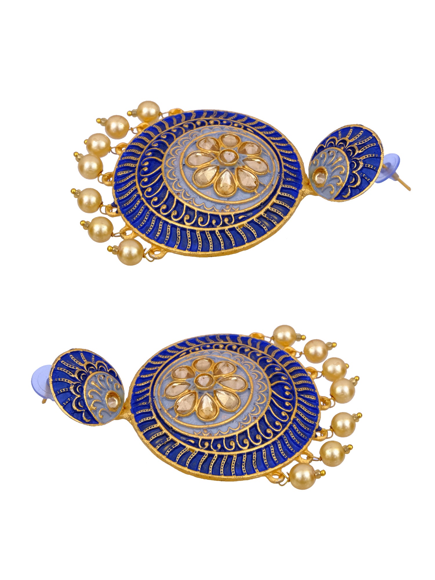 Gold Plated Long Danglers Stone Earrings for Women - Trendy Round Blue Design