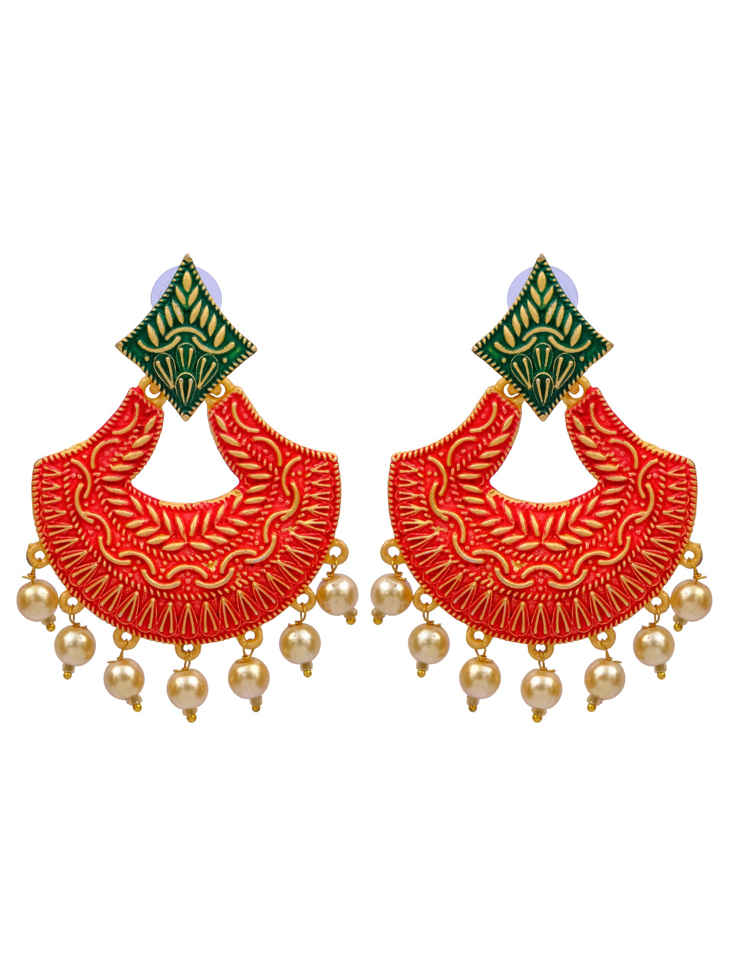 Gold Plated Traditional Red & Green Long Danglers Earrings for Women