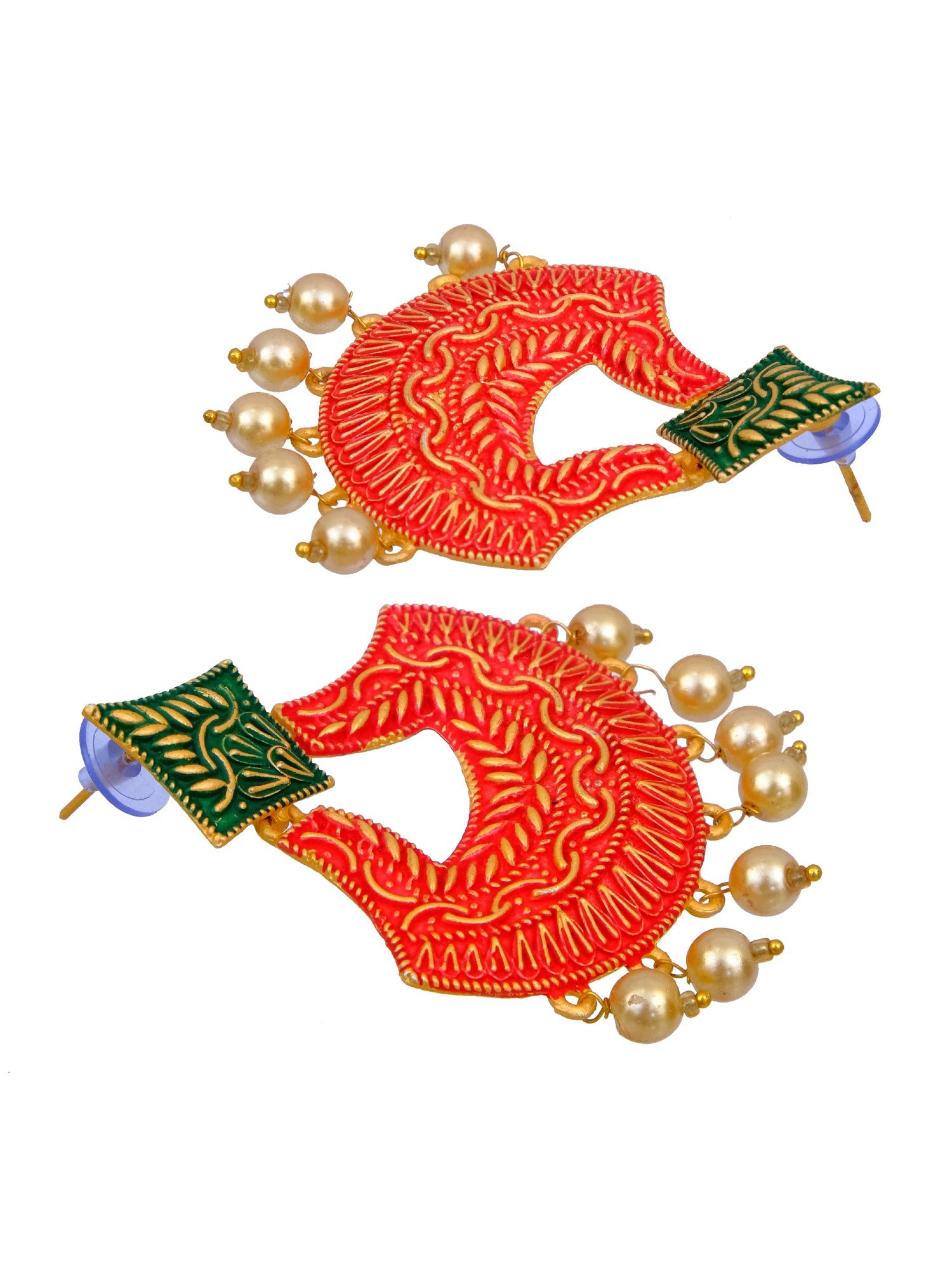 Gold Plated Traditional Red & Green Long Danglers Earrings for Women