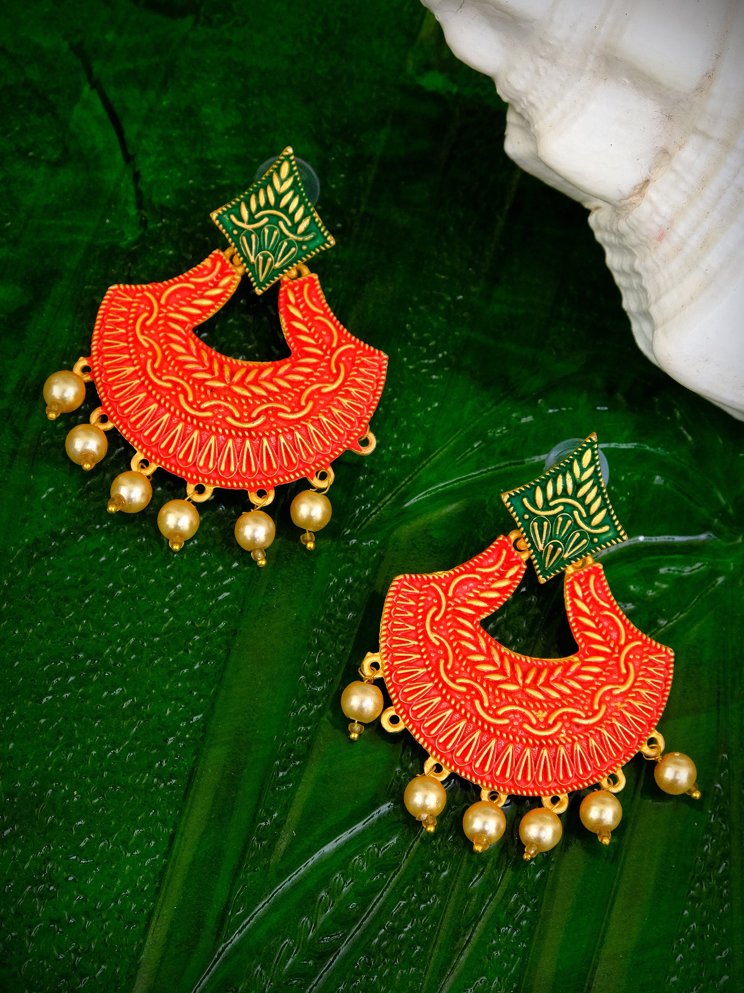 Gold Plated Traditional Red & Green Long Danglers Earrings for Women