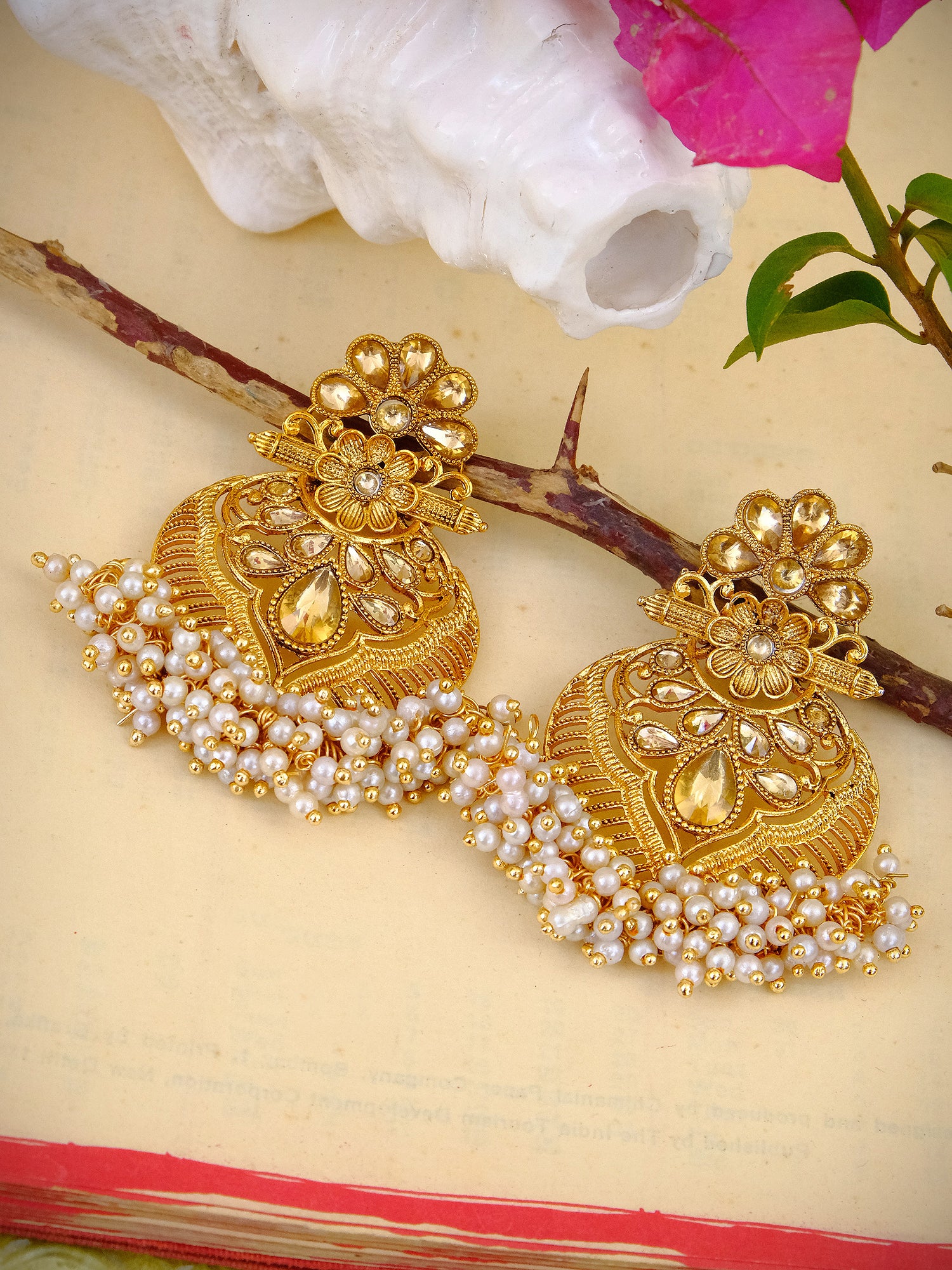 Classic Traditional Gold-Plated Pearl Long Dangler Earrings for Women & Girls