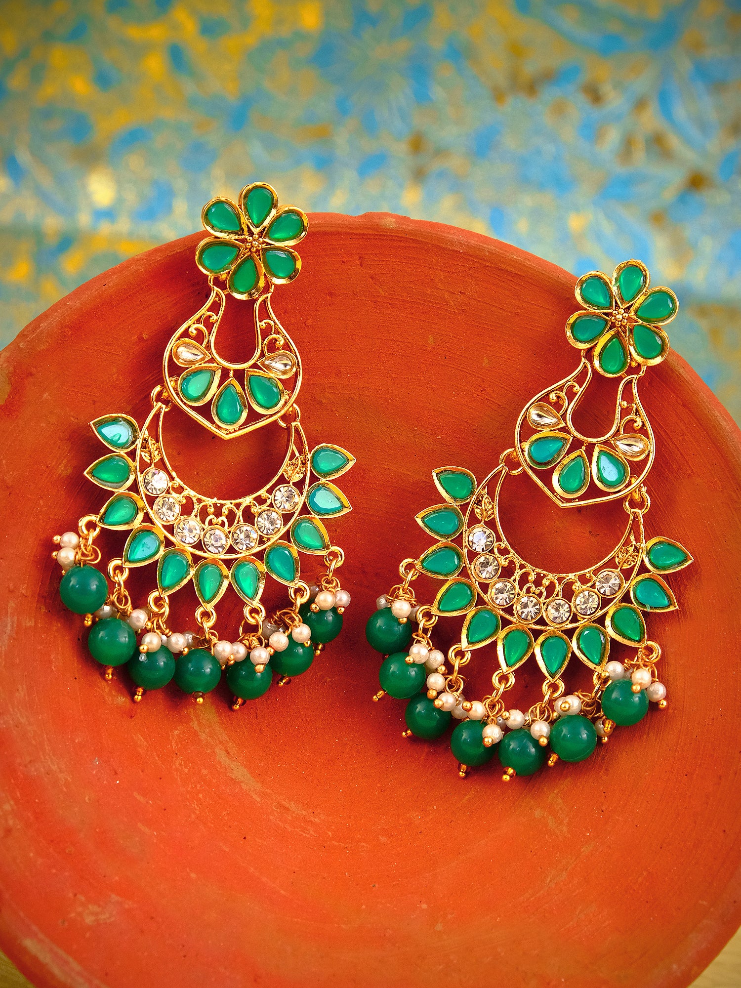 Traditional Gold Plated Green Chandbali Earrings: Perfect Matching Jewellery for Green Saree
