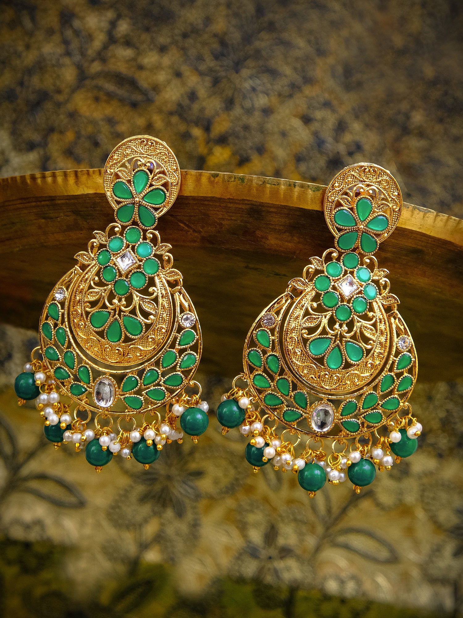 Traditional Gold Plated Green Chandbali Jhumka Earrings for Women