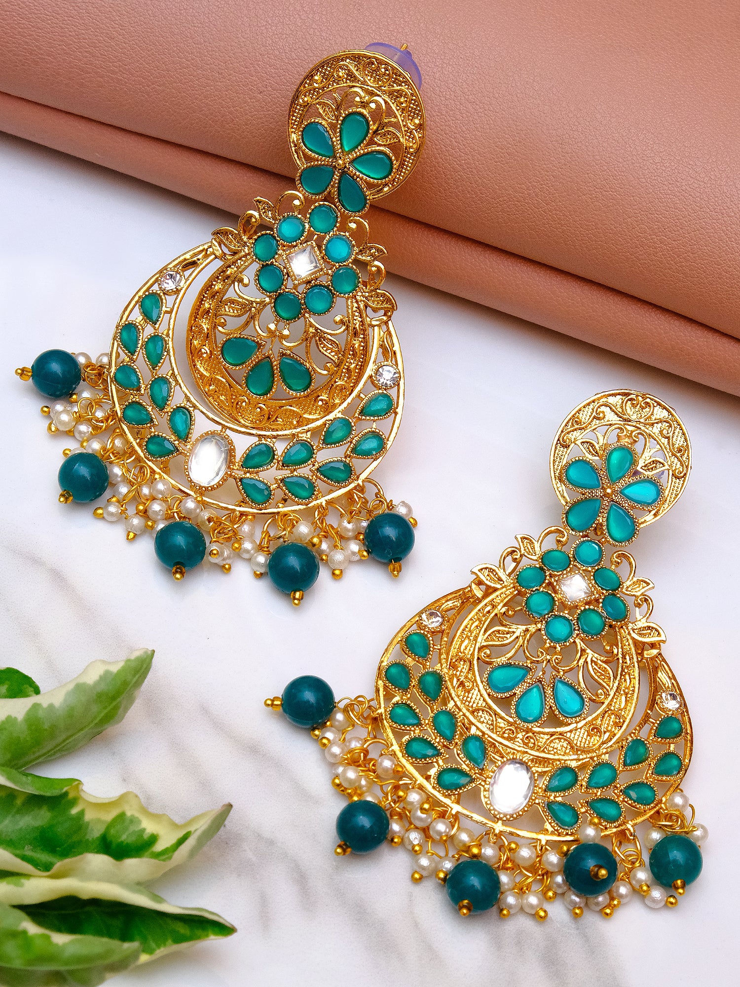 Traditional Gold Plated Green Chandbali Jhumka Earrings for Women