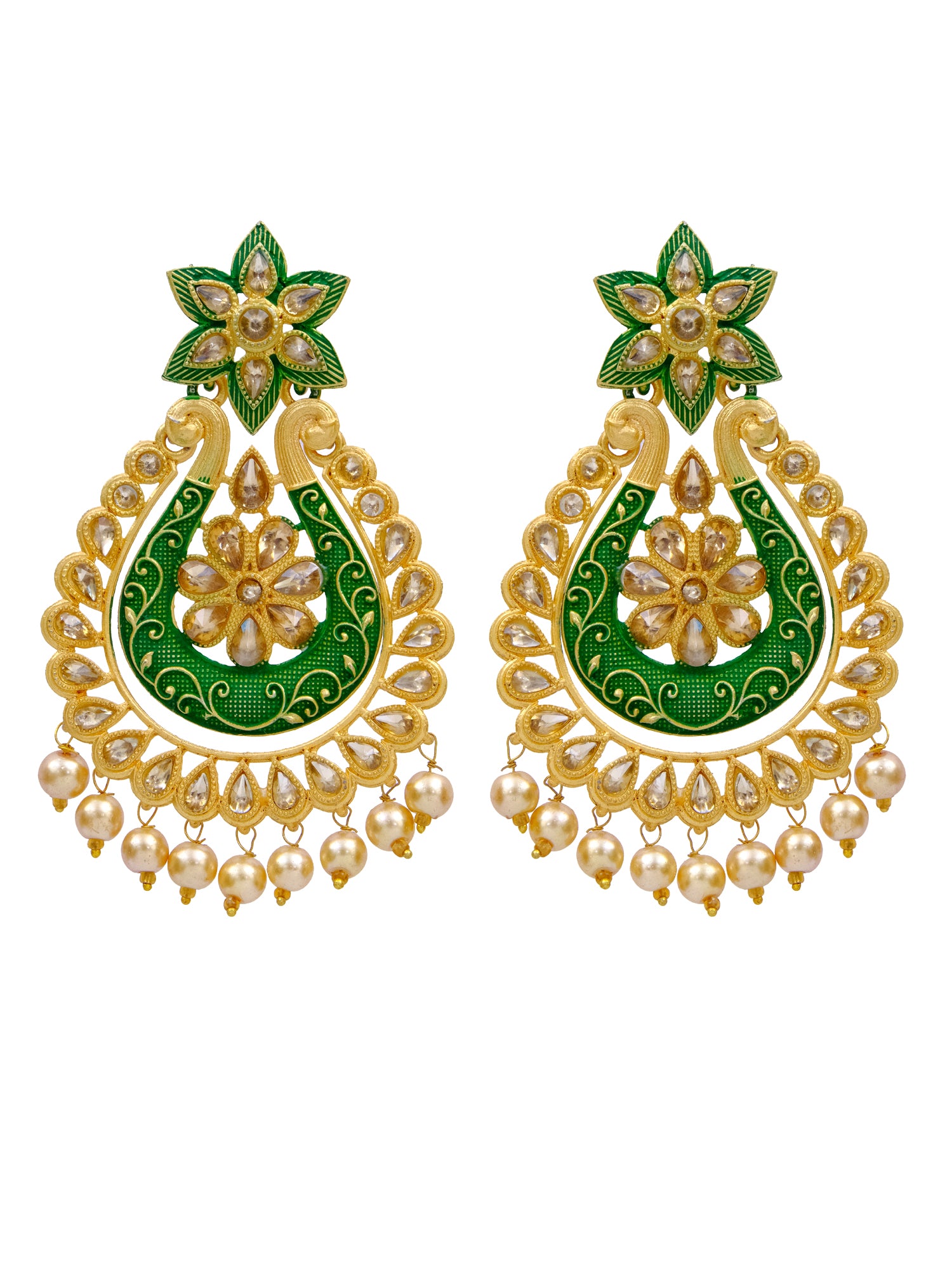 Gold Plated Floral Design Long Danglers Women's Stone Earrings