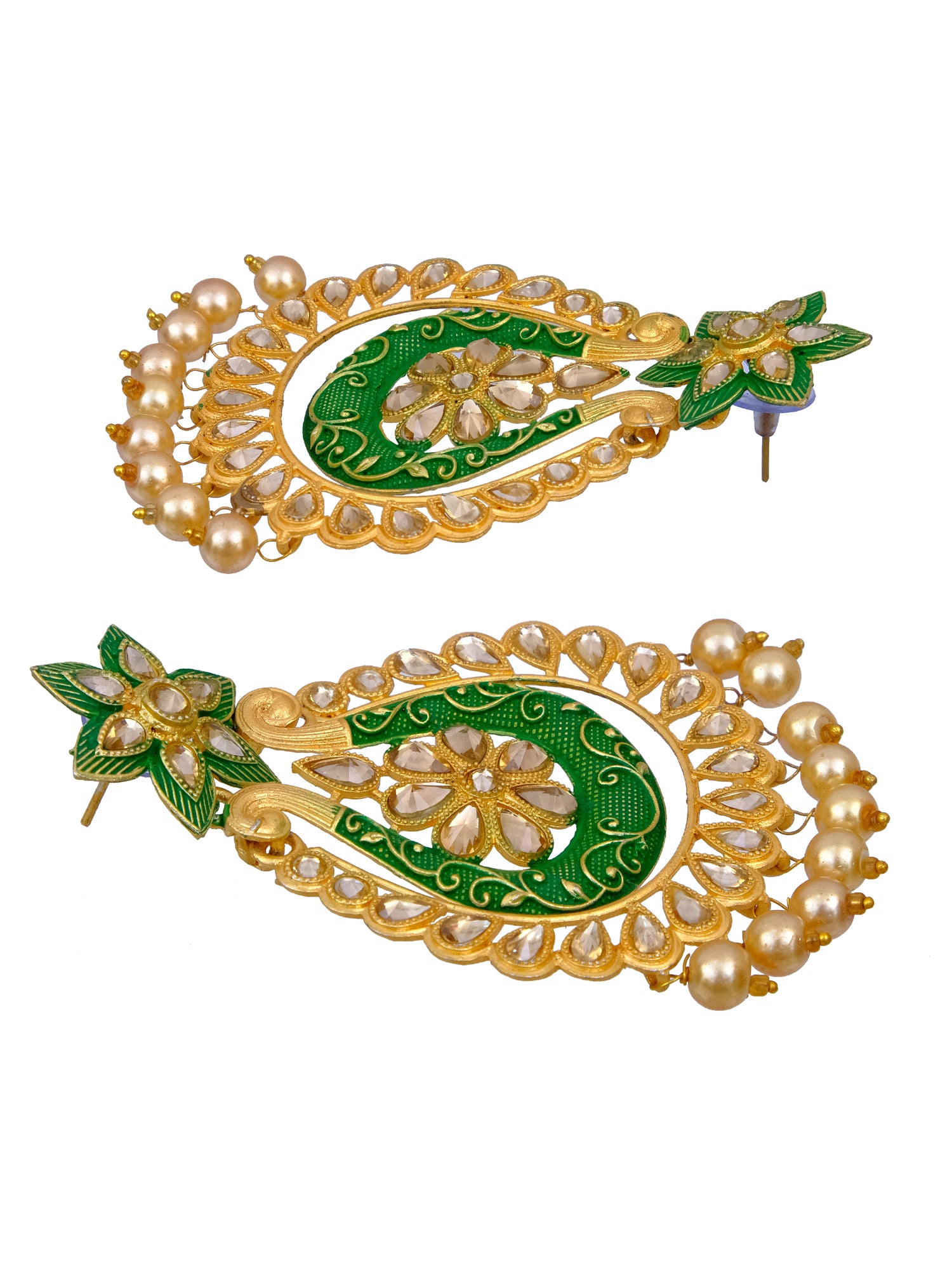 Gold Plated Floral Design Long Danglers Women's Stone Earrings