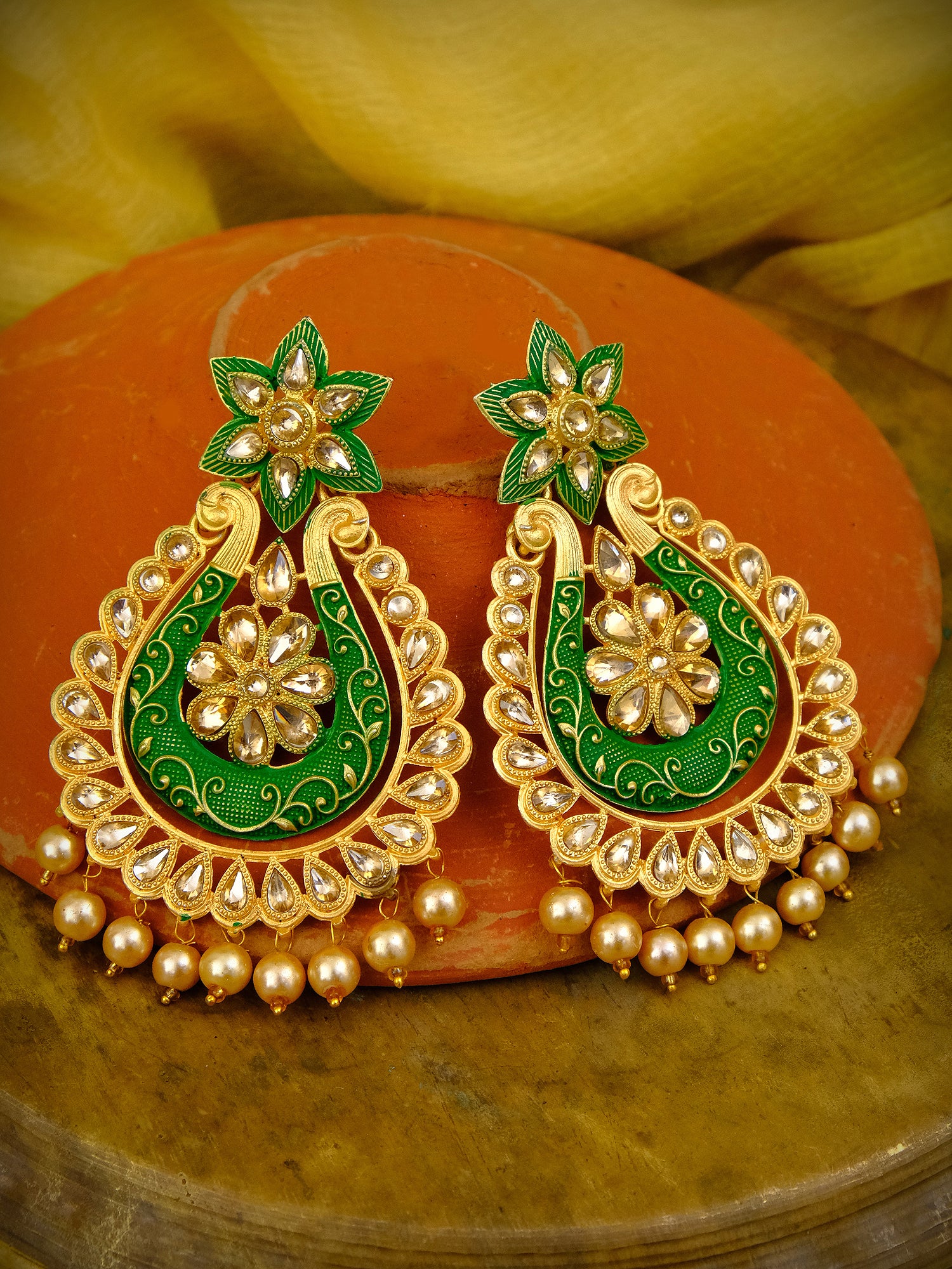 Gold Plated Floral Design Long Danglers Women's Stone Earrings