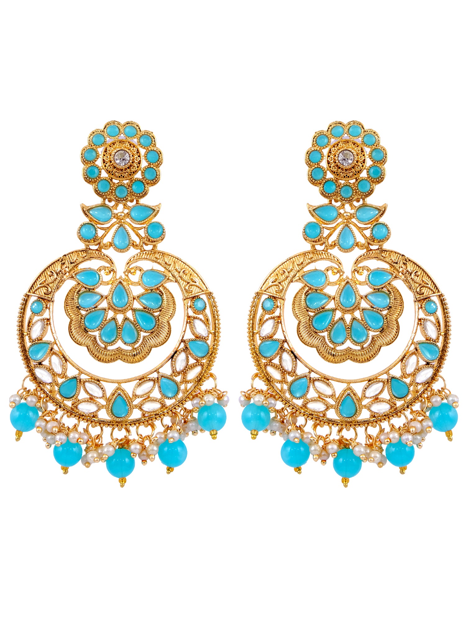 Gold-Plated, SeaGreen Kundan & Pearl, SkyBlue Long Danglers Earrings for Women