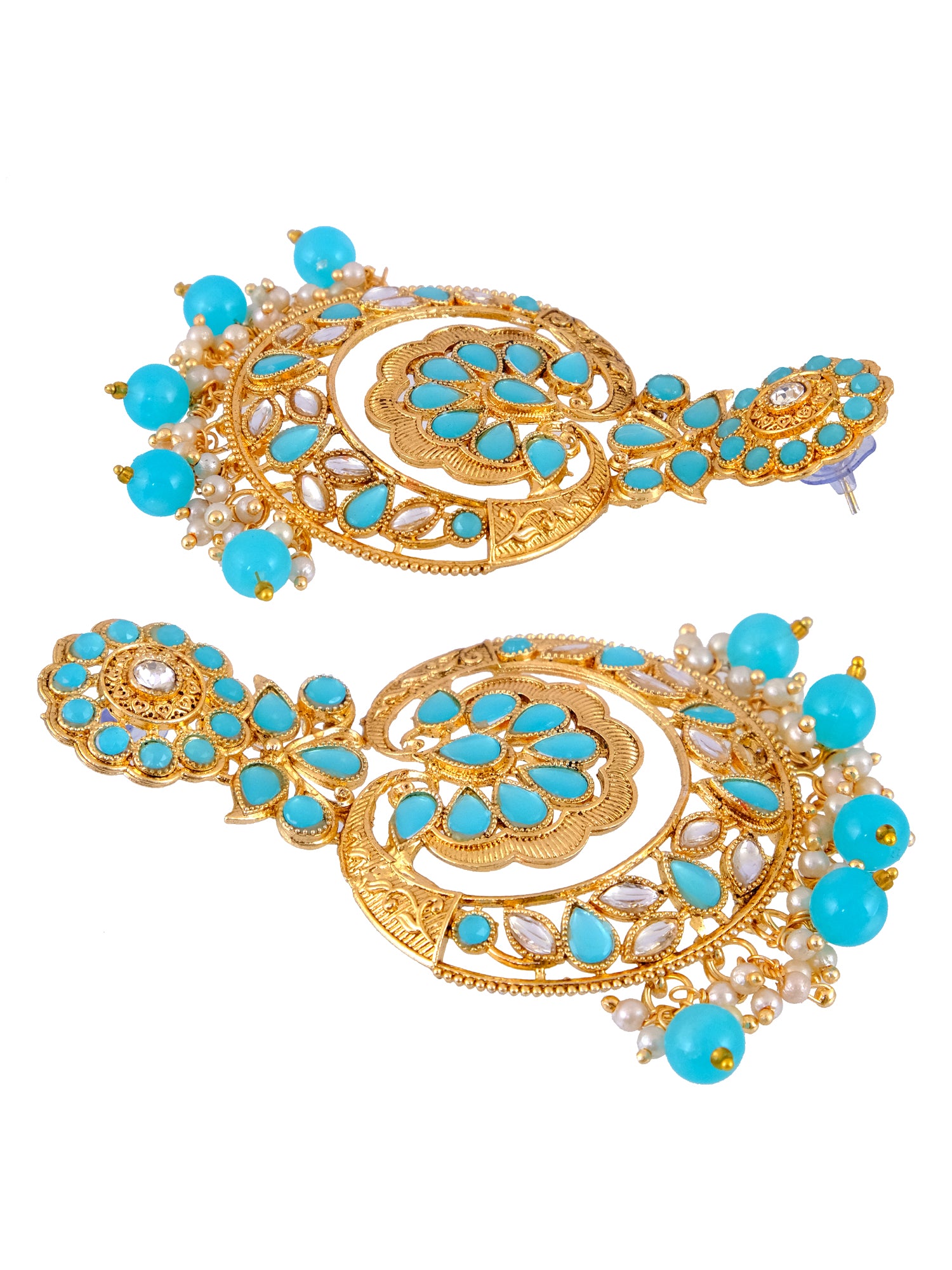 Gold-Plated, SeaGreen Kundan & Pearl, SkyBlue Long Danglers Earrings for Women