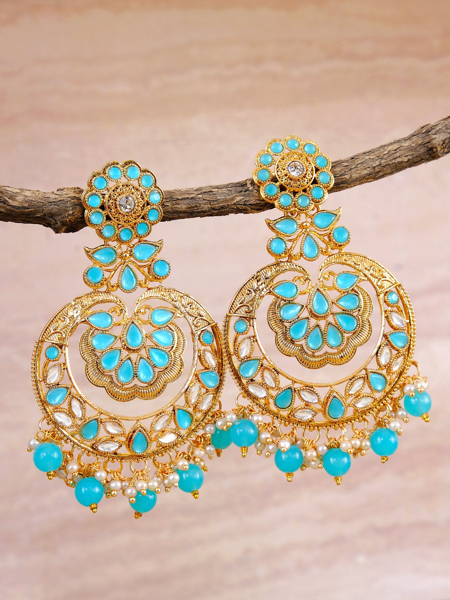 Gold-Plated, SeaGreen Kundan & Pearl, SkyBlue Long Danglers Earrings for Women