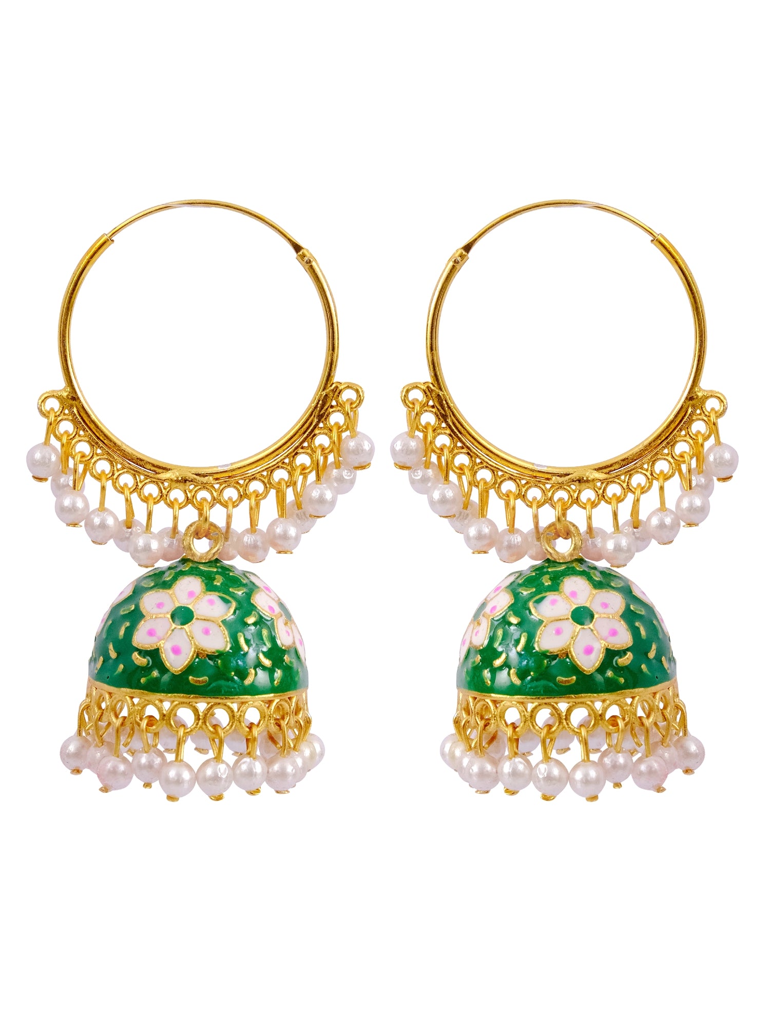 Women's Gold Plated Kundan Flower Meenakari Hoop Jhumka Earrings with White Pearls