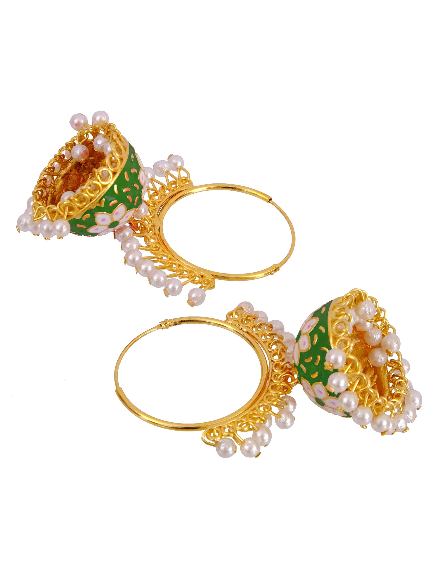 Women's Gold Plated Kundan Flower Meenakari Hoop Jhumka Earrings with White Pearls