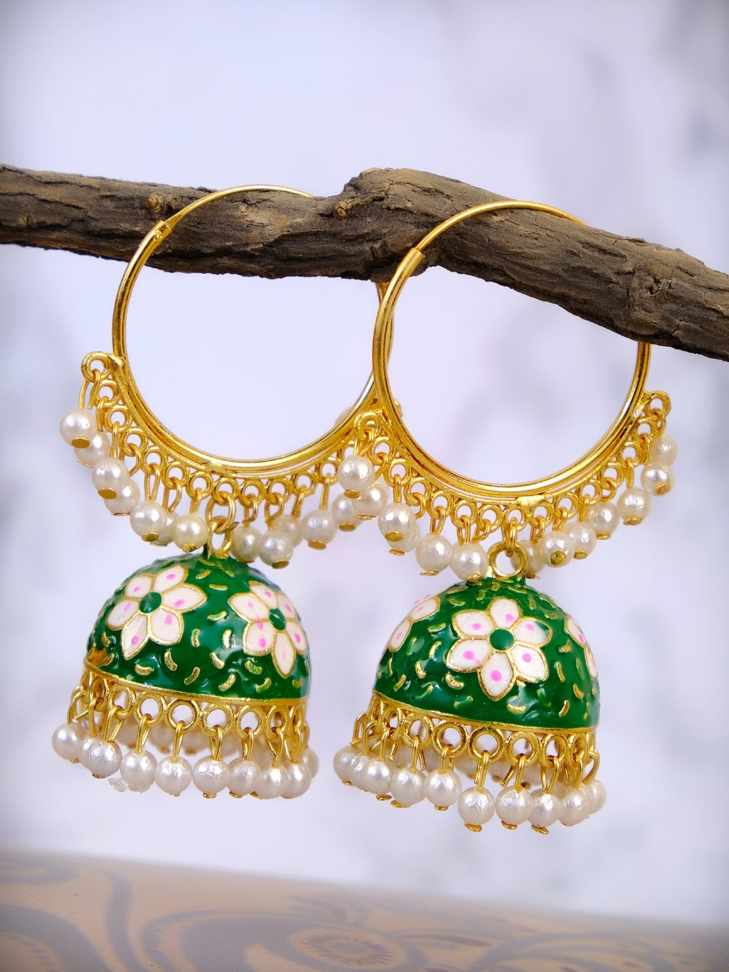 Women's Gold Plated Kundan Flower Meenakari Hoop Jhumka Earrings with White Pearls