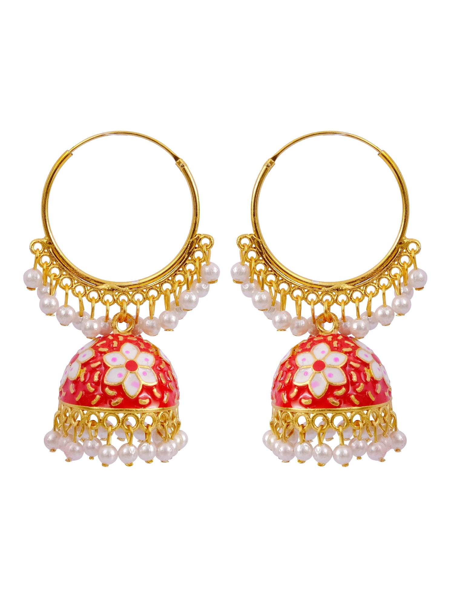 Gold Plated Kundan Flower Meenakari Hoop Jhumka with White Pearl for Women