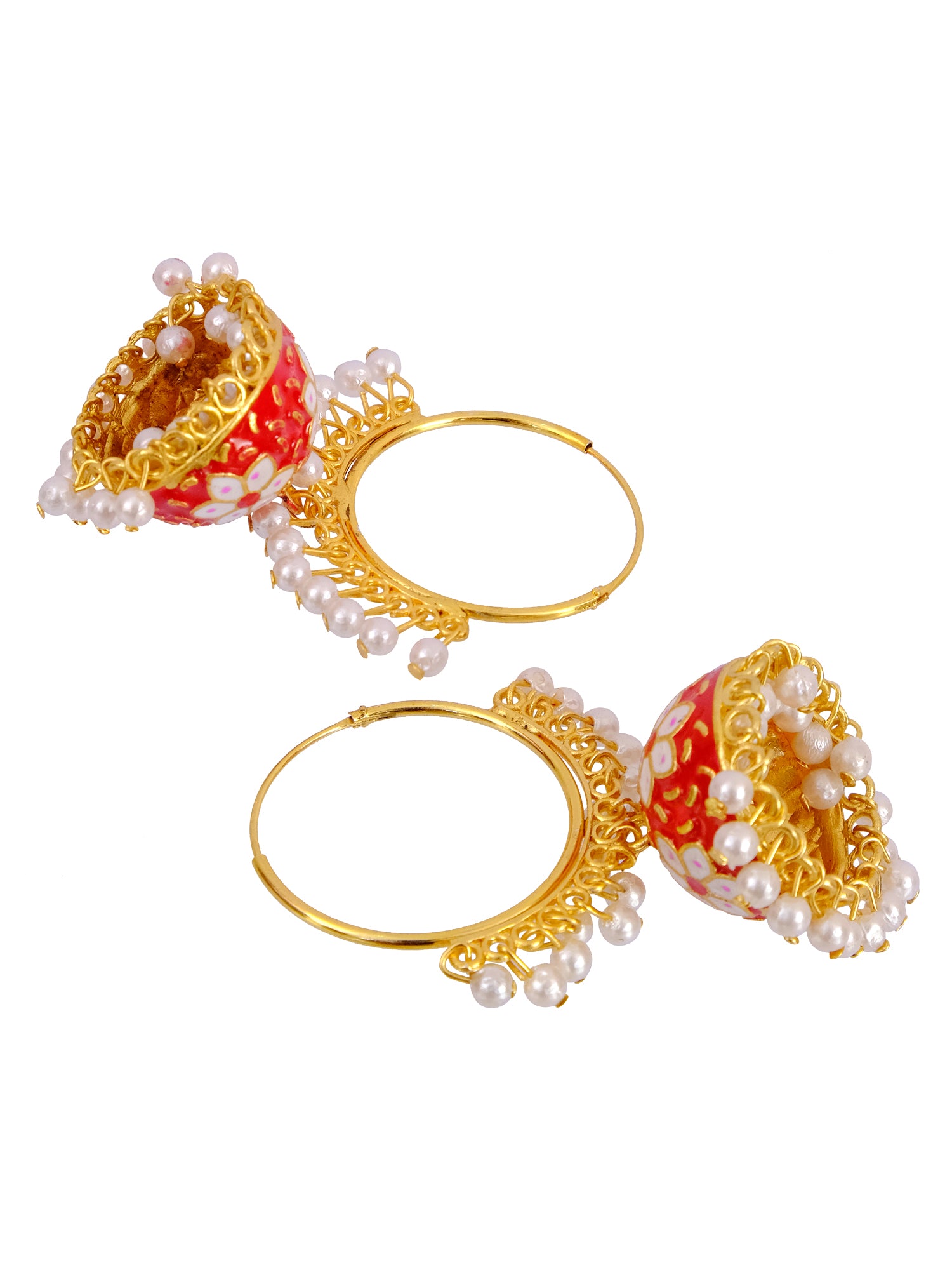 Gold Plated Kundan Flower Meenakari Hoop Jhumka with White Pearl for Women