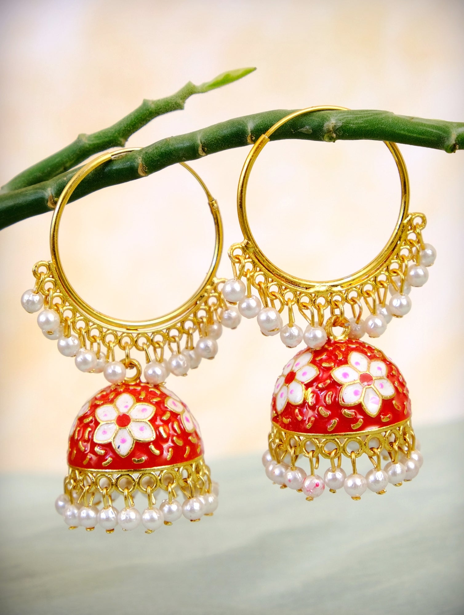 Gold Plated Kundan Flower Meenakari Hoop Jhumka with White Pearl for Women