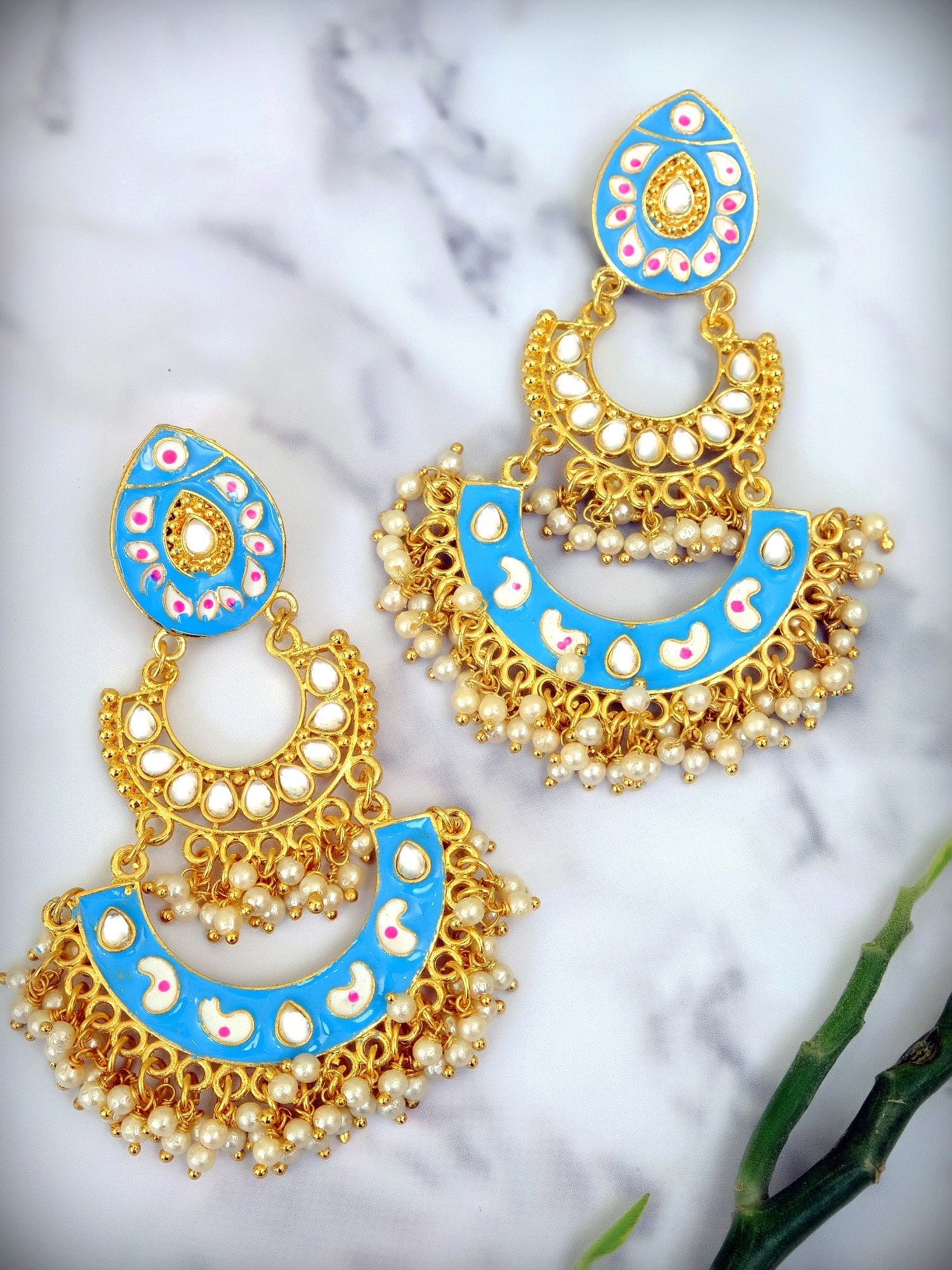 New Design Traditional Blue Meenakari Gold Plated Chandbali Earring for Women and Girls