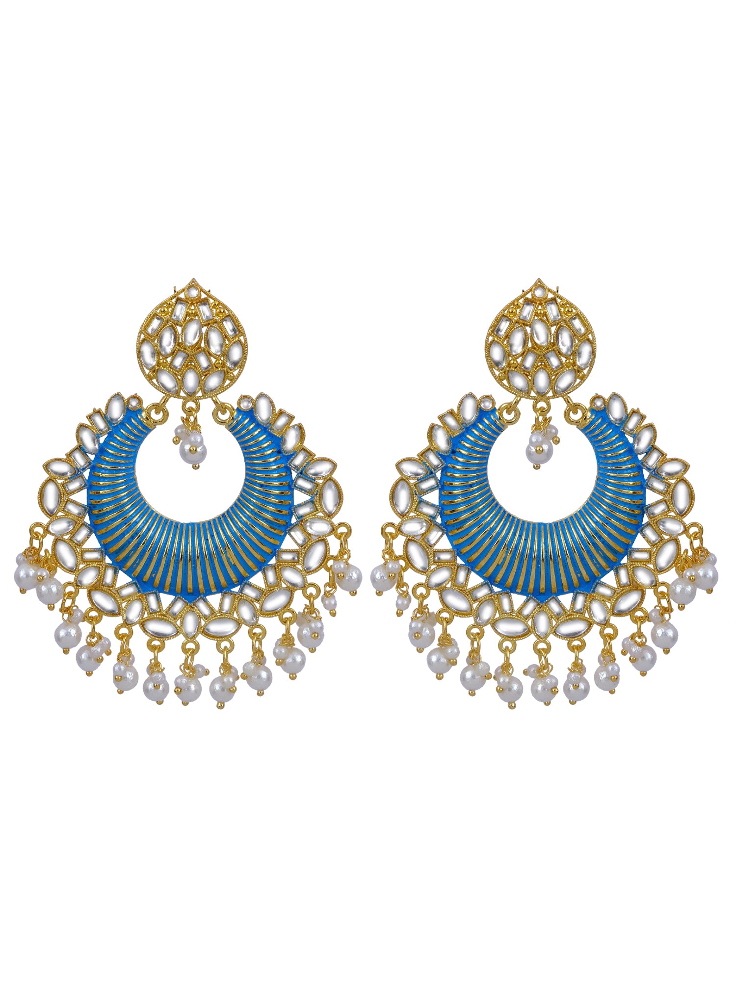 Women's Gold-Plated Kundan-Studded Long Danglers Earrings with Pearls: A Perfect Match for Sky Blue Sarees