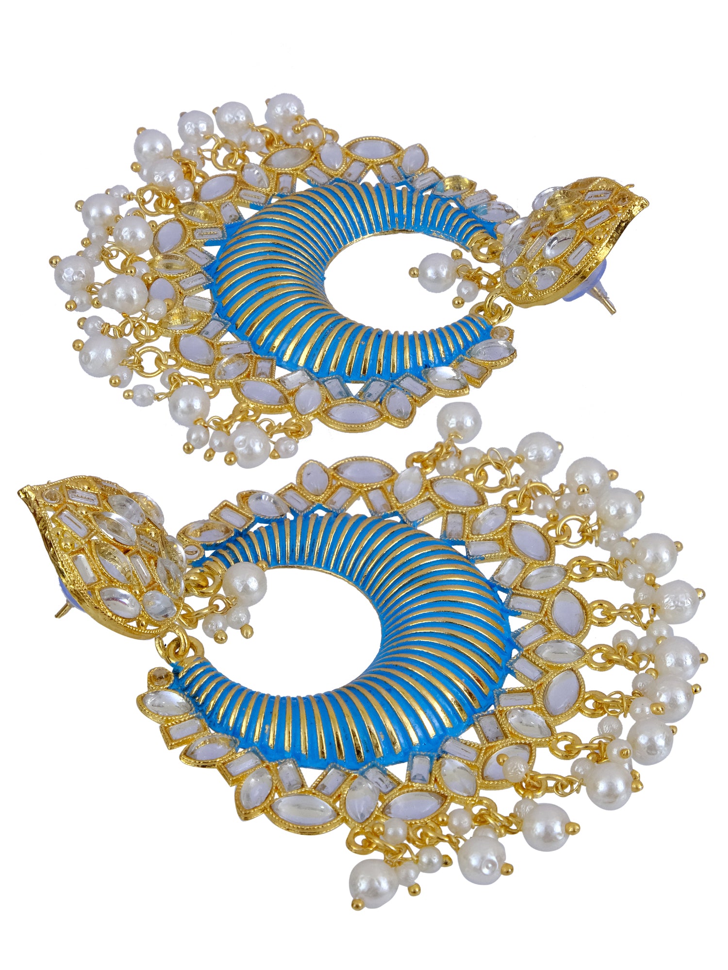Women's Gold-Plated Kundan-Studded Long Danglers Earrings with Pearls: A Perfect Match for Sky Blue Sarees