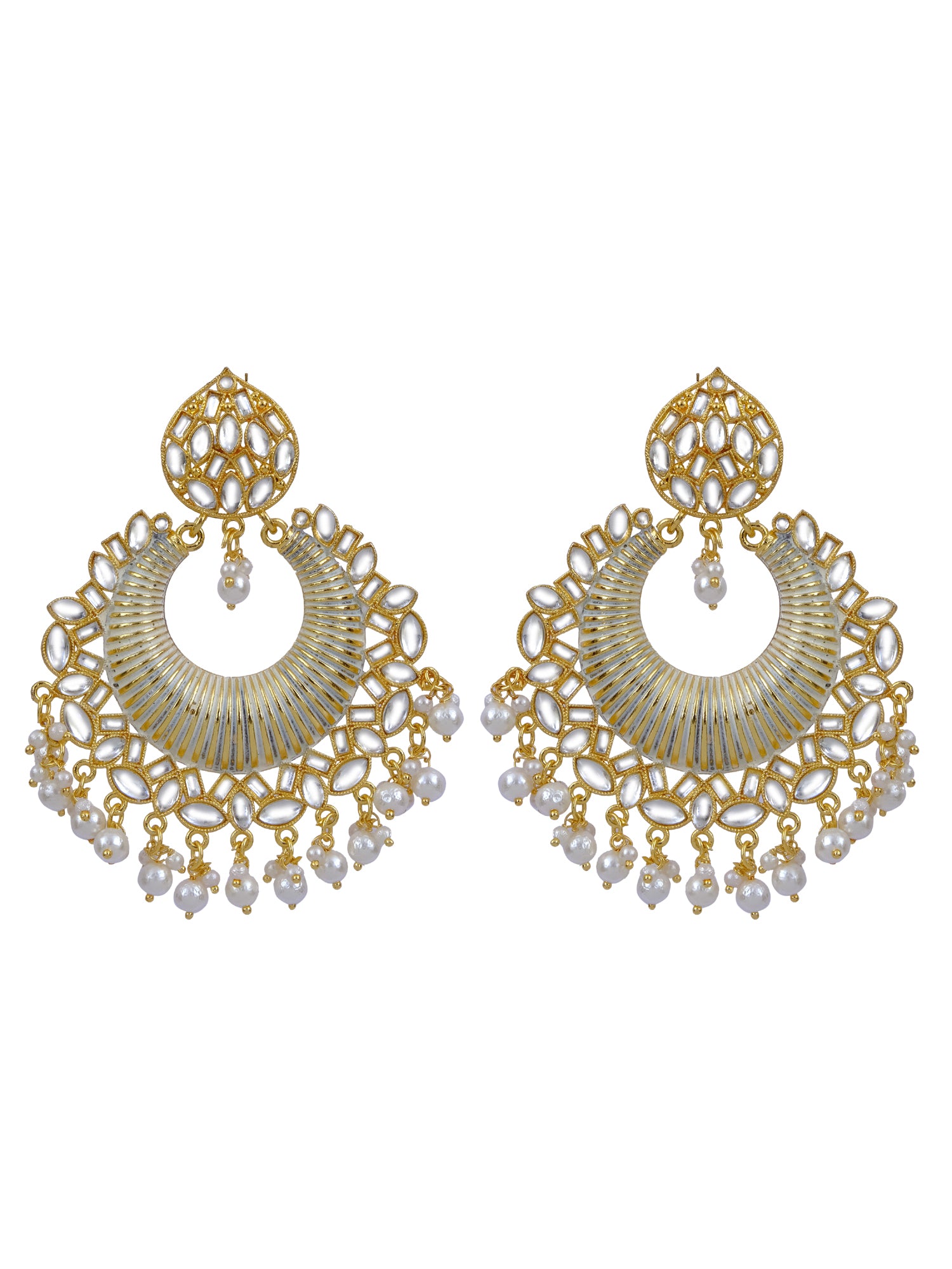 Women's Elegant Gold Plated Traditional Long Dangler Stone Earrings with Kundan and Pearl