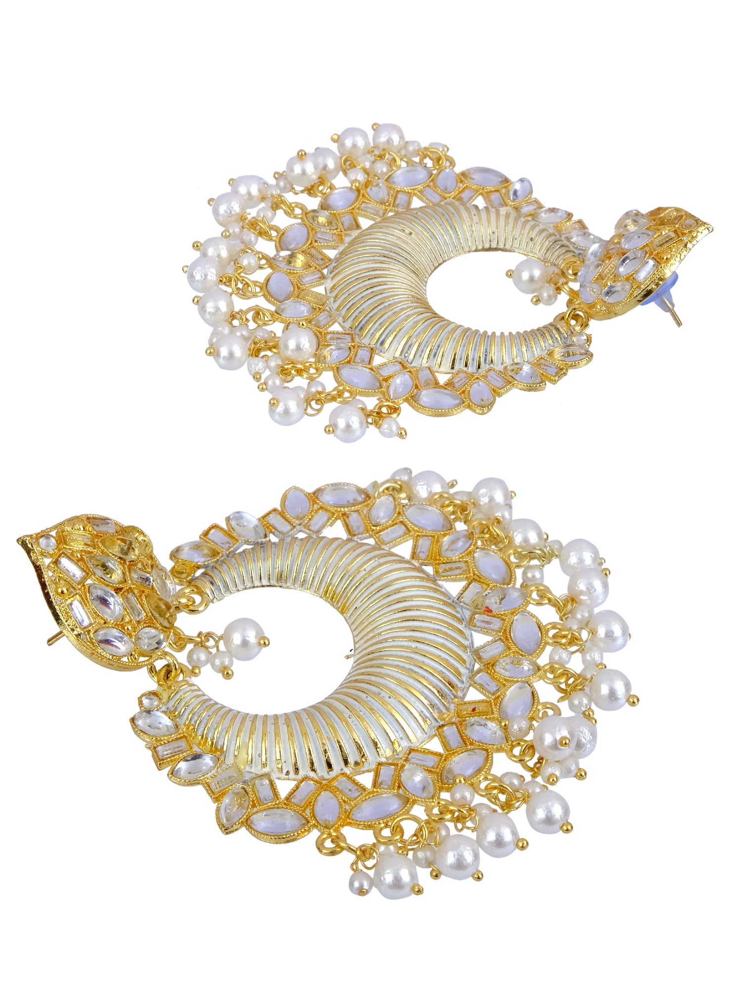 Women's Elegant Gold Plated Traditional Long Dangler Stone Earrings with Kundan and Pearl