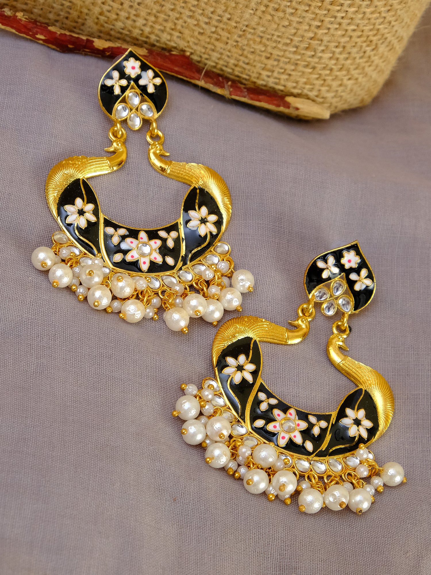 Ethnic Indian Rajasthan Peacock Black Meenakari Jhumka Earrings for Women