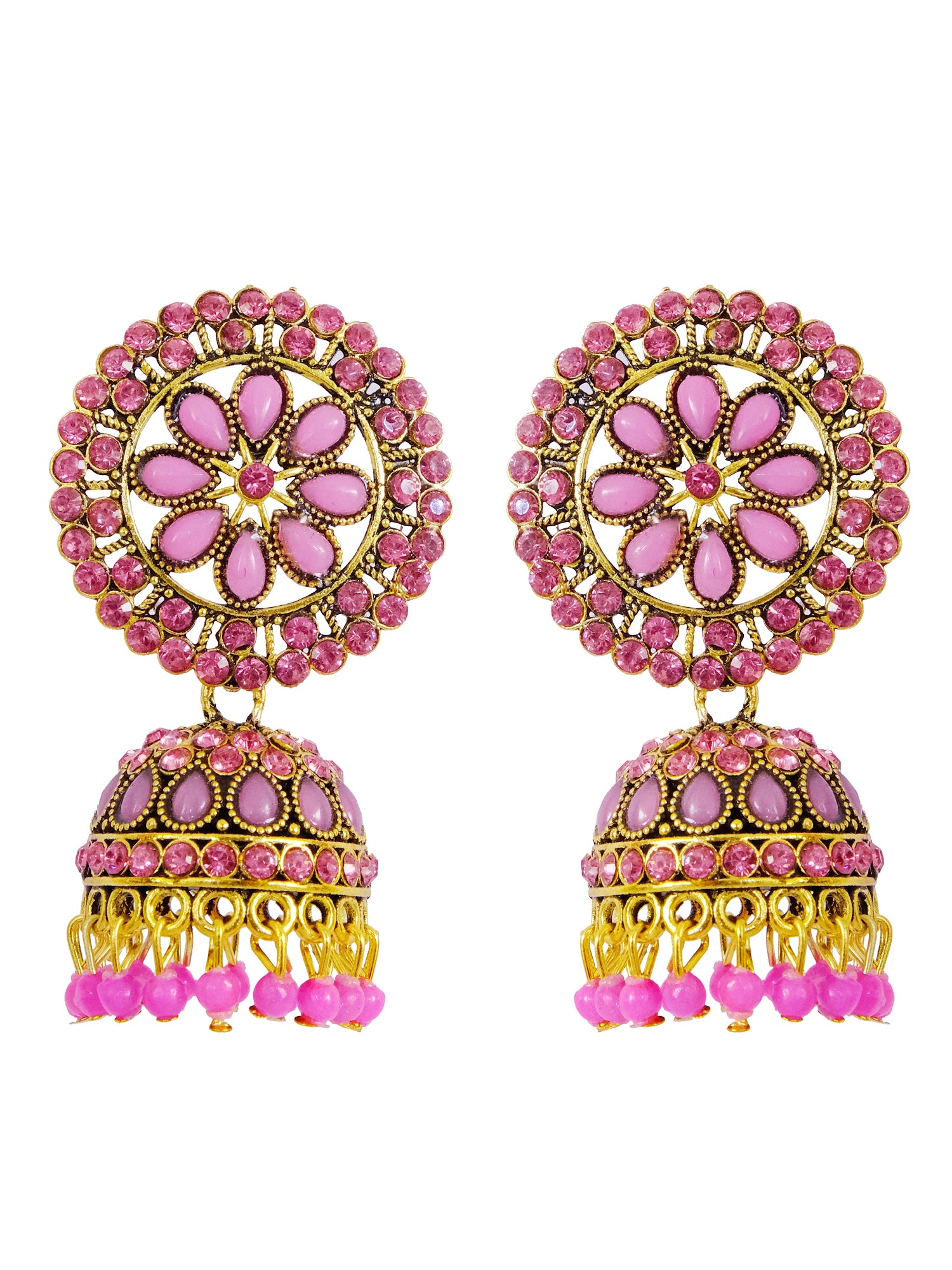 Elegant Gold Plated Floral Pink Pearl Jhumka Earrings for Women