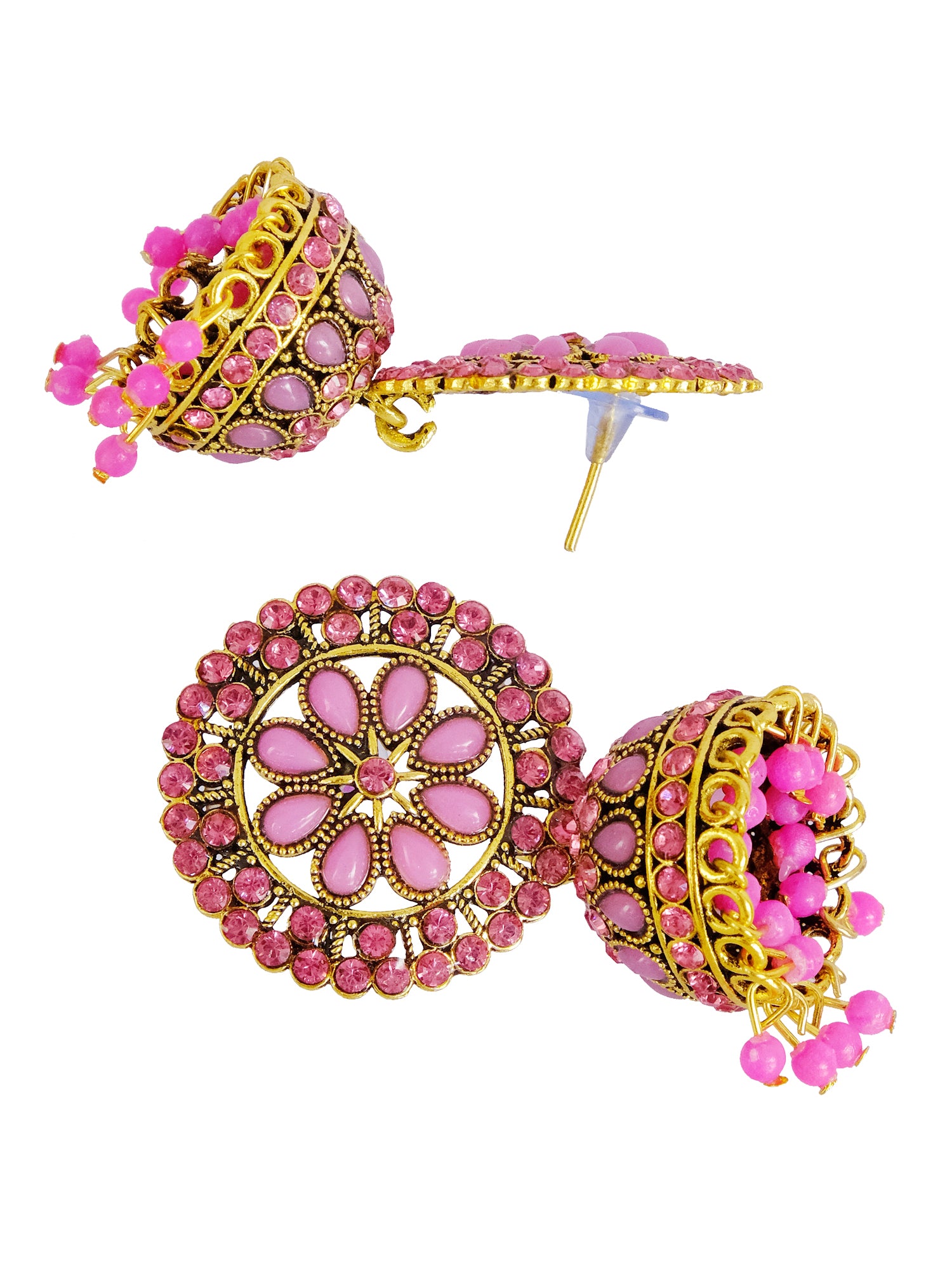 Elegant Gold Plated Floral Pink Pearl Jhumka Earrings for Women