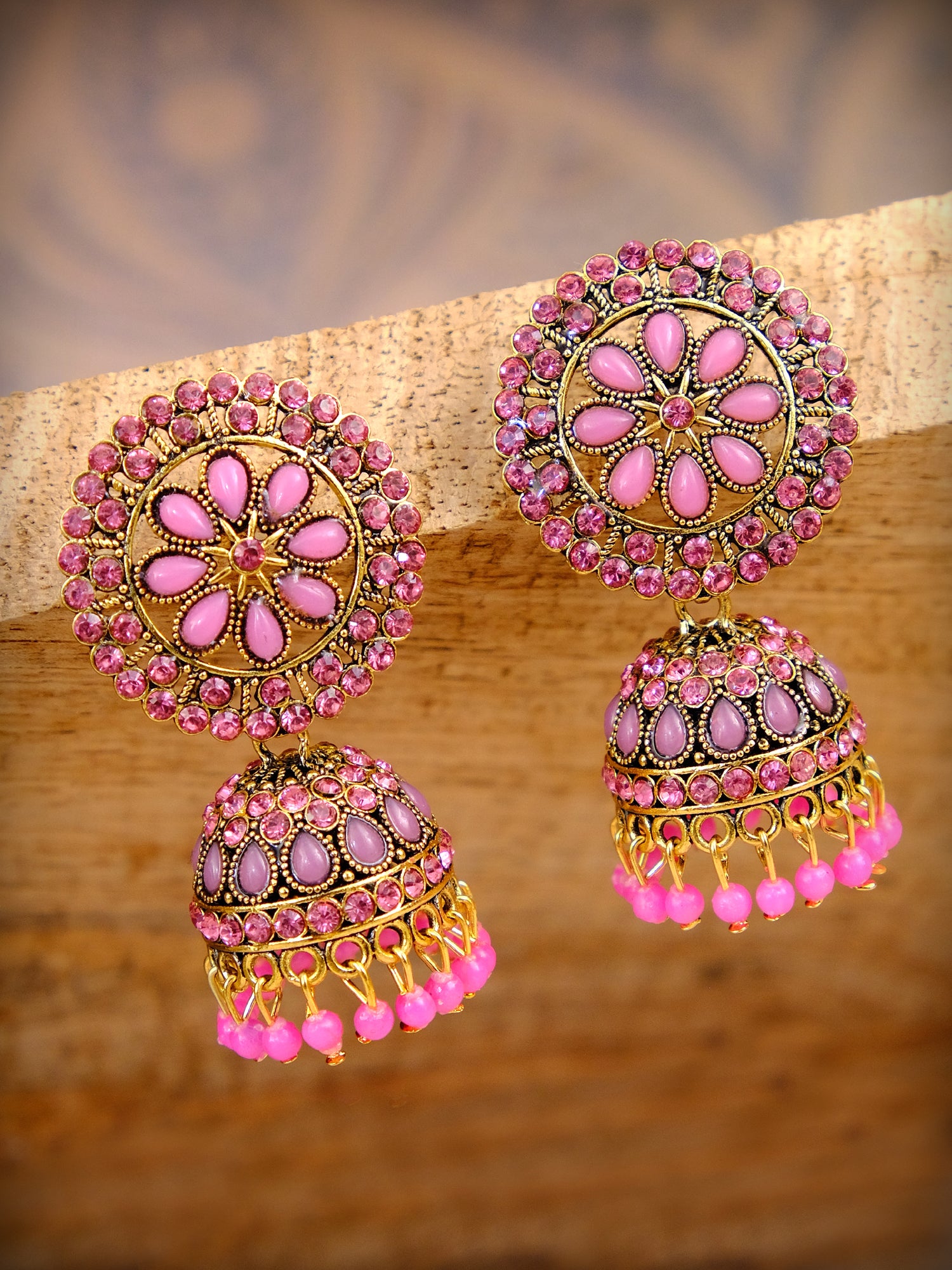 Elegant Gold Plated Floral Pink Pearl Jhumka Earrings for Women
