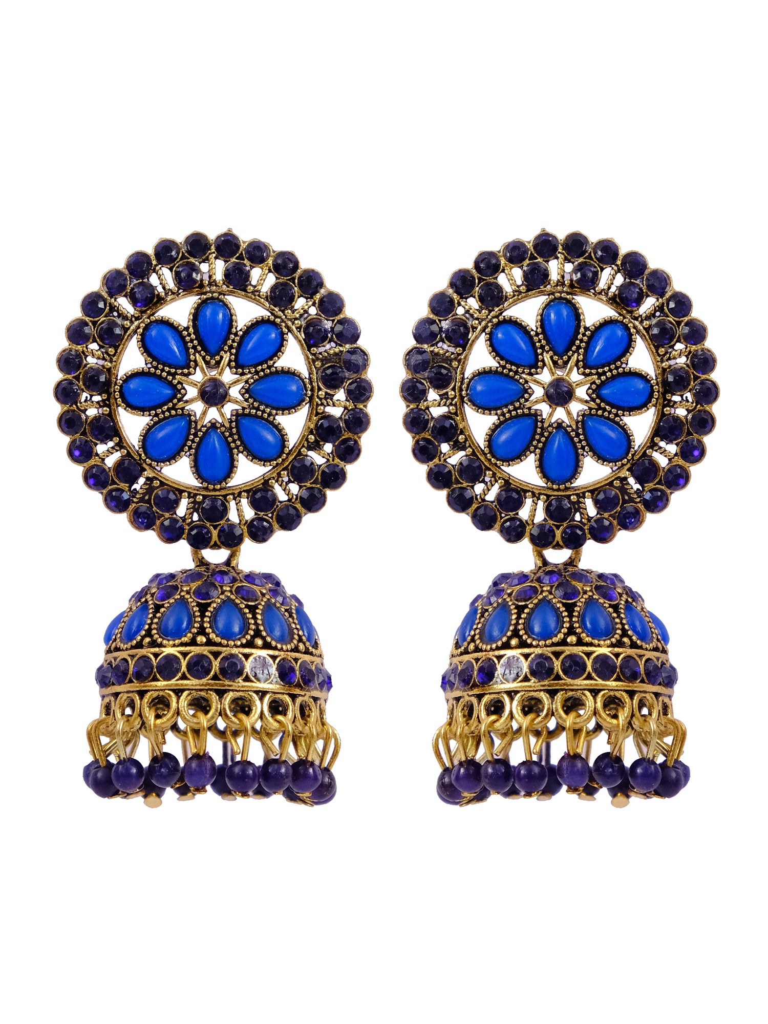 Gold Plated Traditional Jhumka Earrings with Blue Meenakari Floral Design & White Pearl for Women