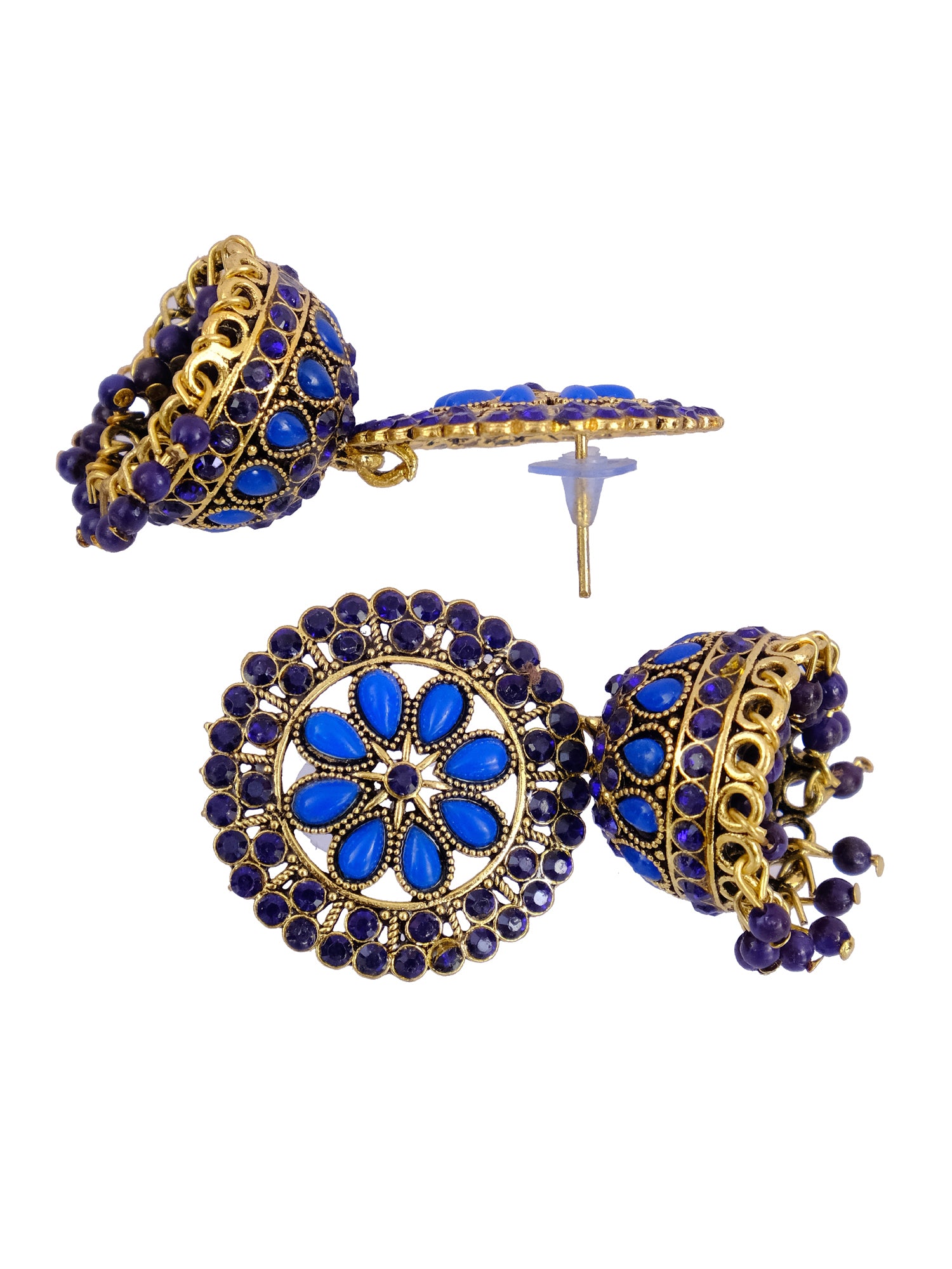 Gold Plated Traditional Jhumka Earrings with Blue Meenakari Floral Design & White Pearl for Women