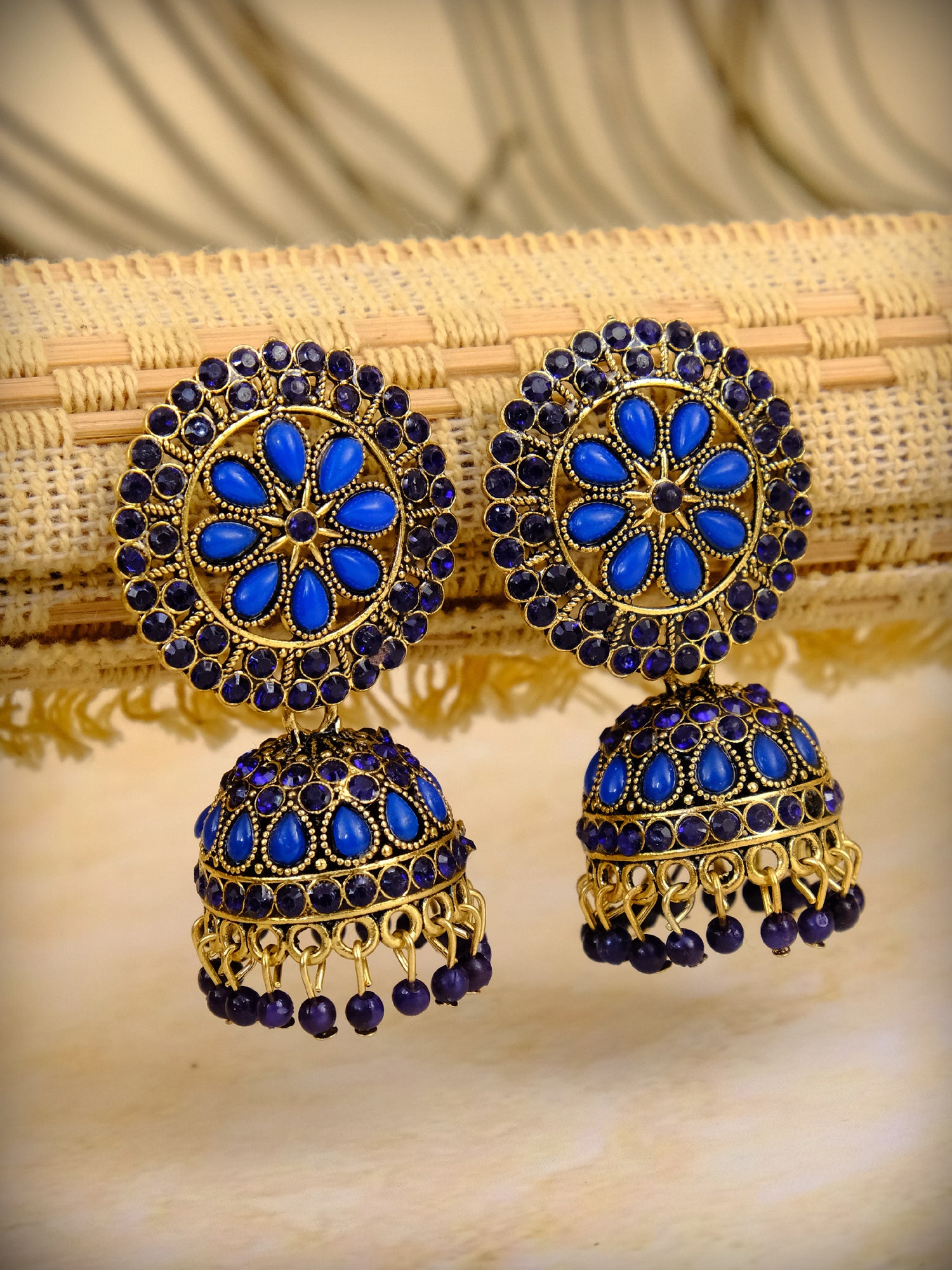 Gold Plated Traditional Jhumka Earrings with Blue Meenakari Floral Design & White Pearl for Women