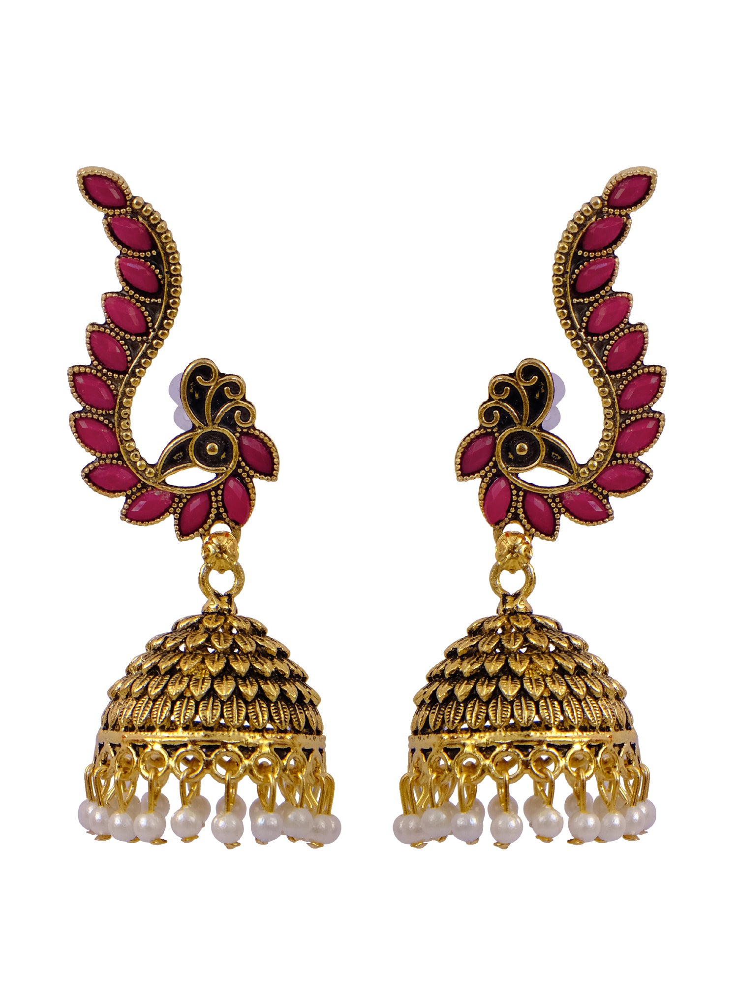 Elegant Women's Gold Plated Peacock Jhumka Earrings with White Pearl Details