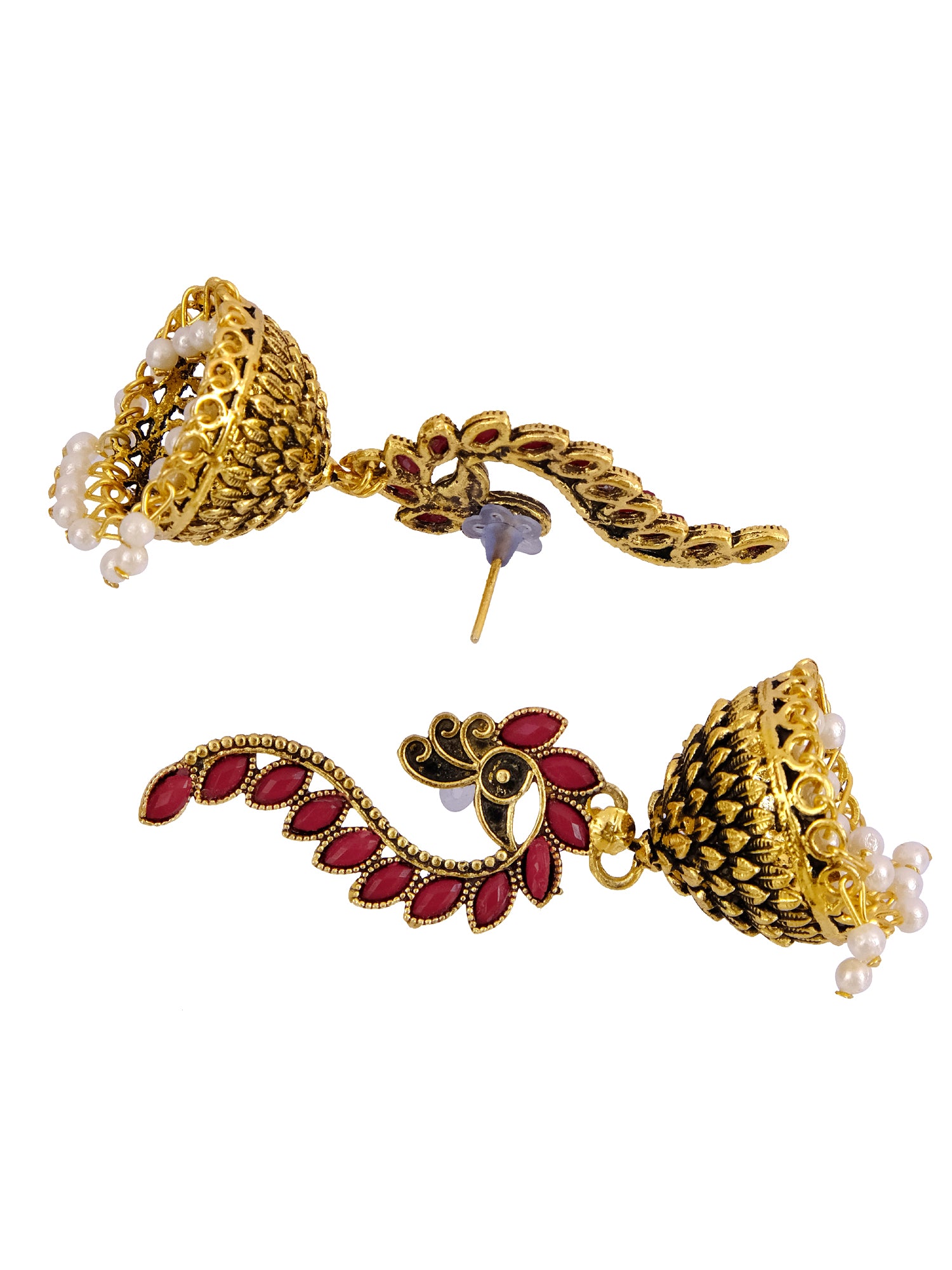 Elegant Women's Gold Plated Peacock Jhumka Earrings with White Pearl Details