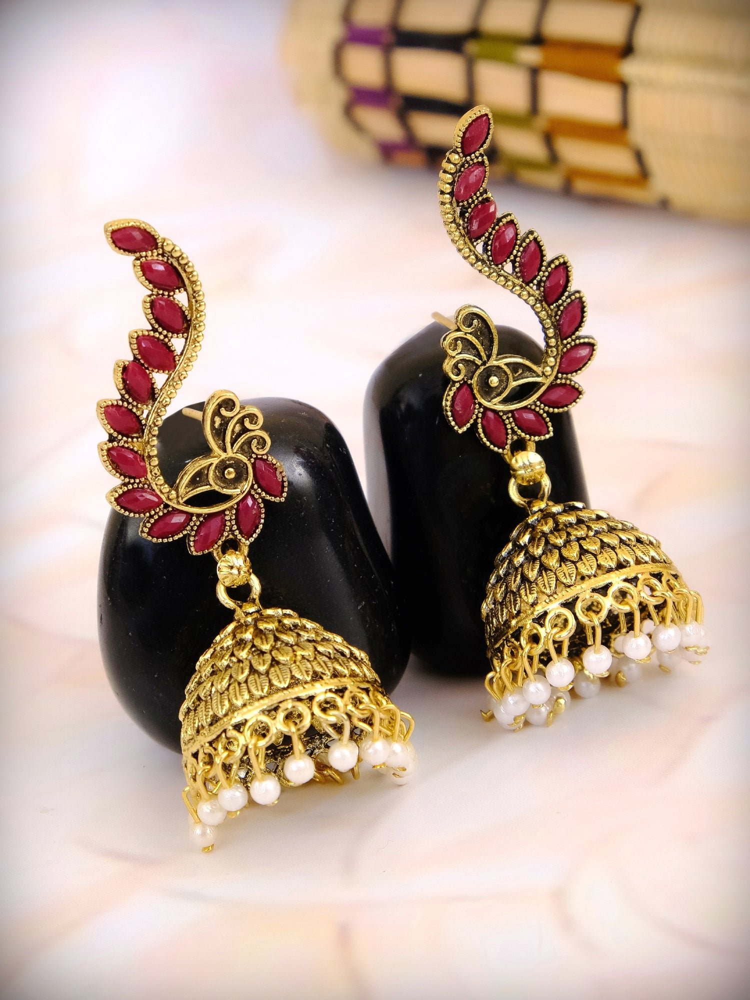 Elegant Women's Gold Plated Peacock Jhumka Earrings with White Pearl Details
