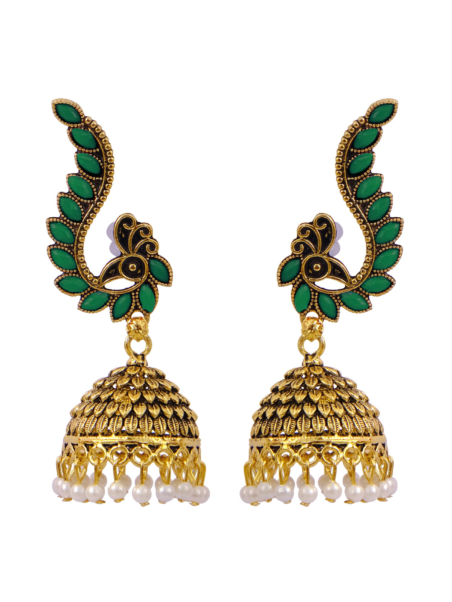 Gold Plated Green Jhumka Earrings for Women - Beautiful Meenakari Peacock Design
