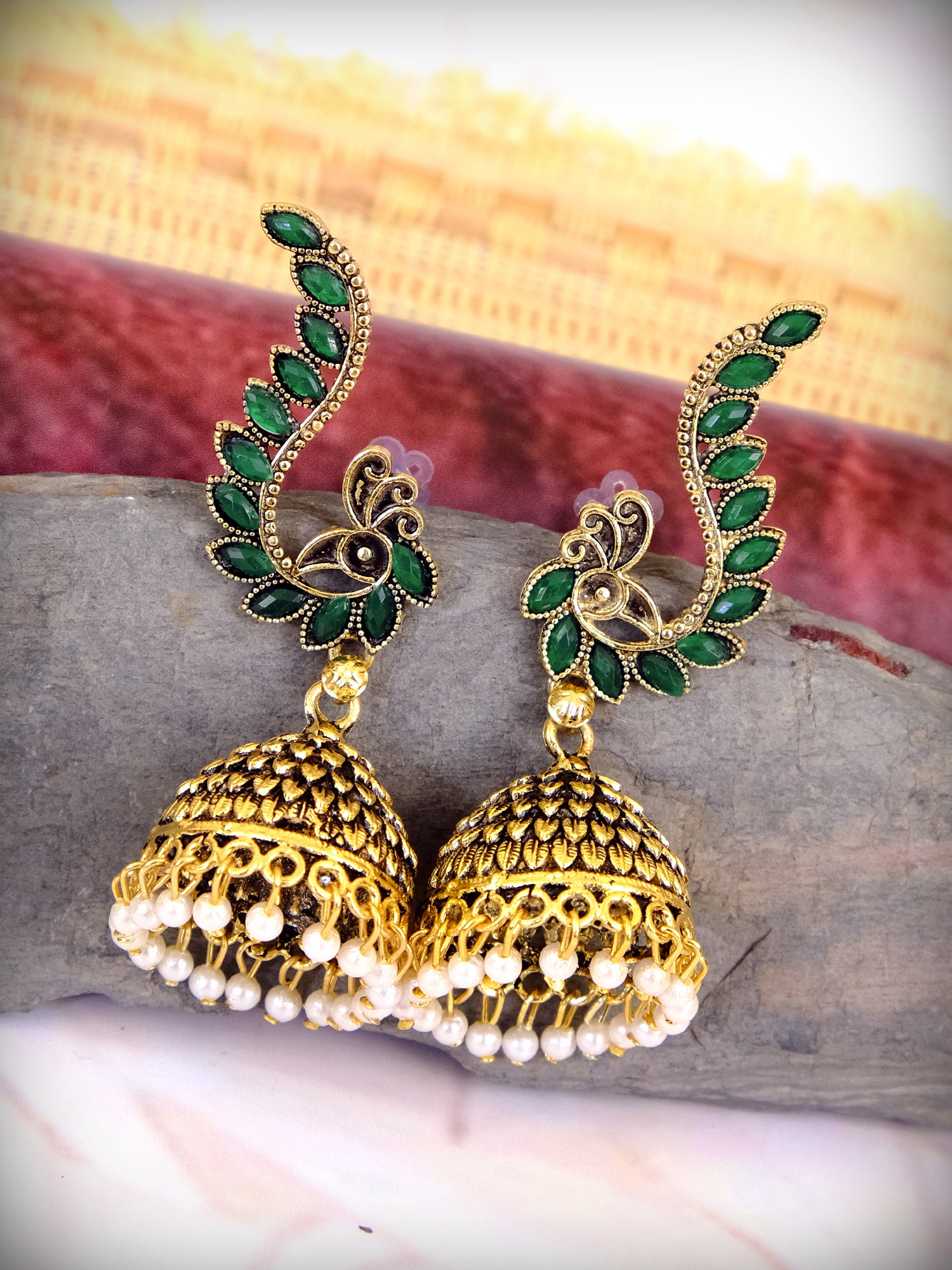 Gold Plated Green Jhumka Earrings for Women - Beautiful Meenakari Peacock Design