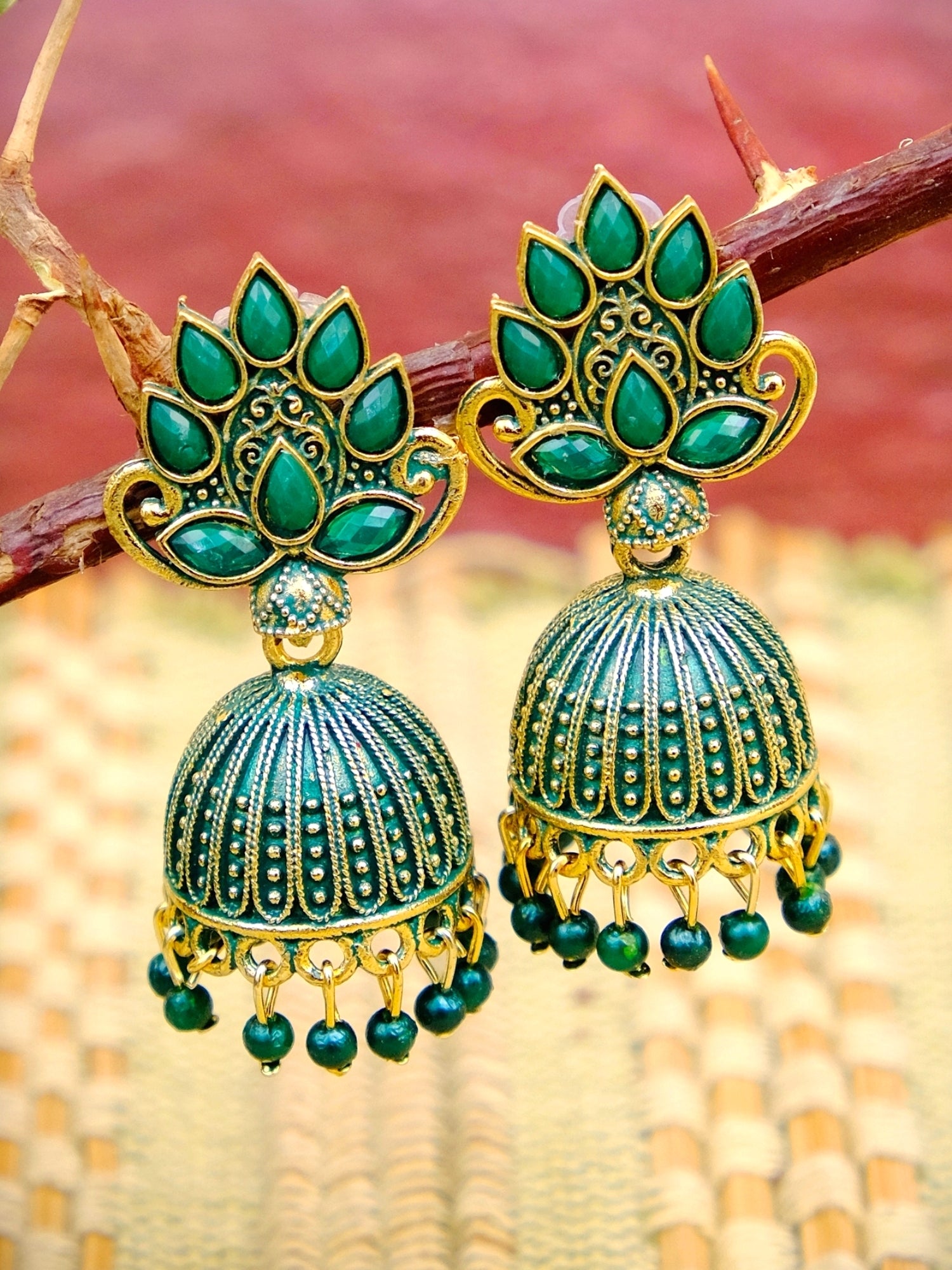 Antique Gold Plated Maharani Jhumka - Floral Jhumki Style Earrings for Women