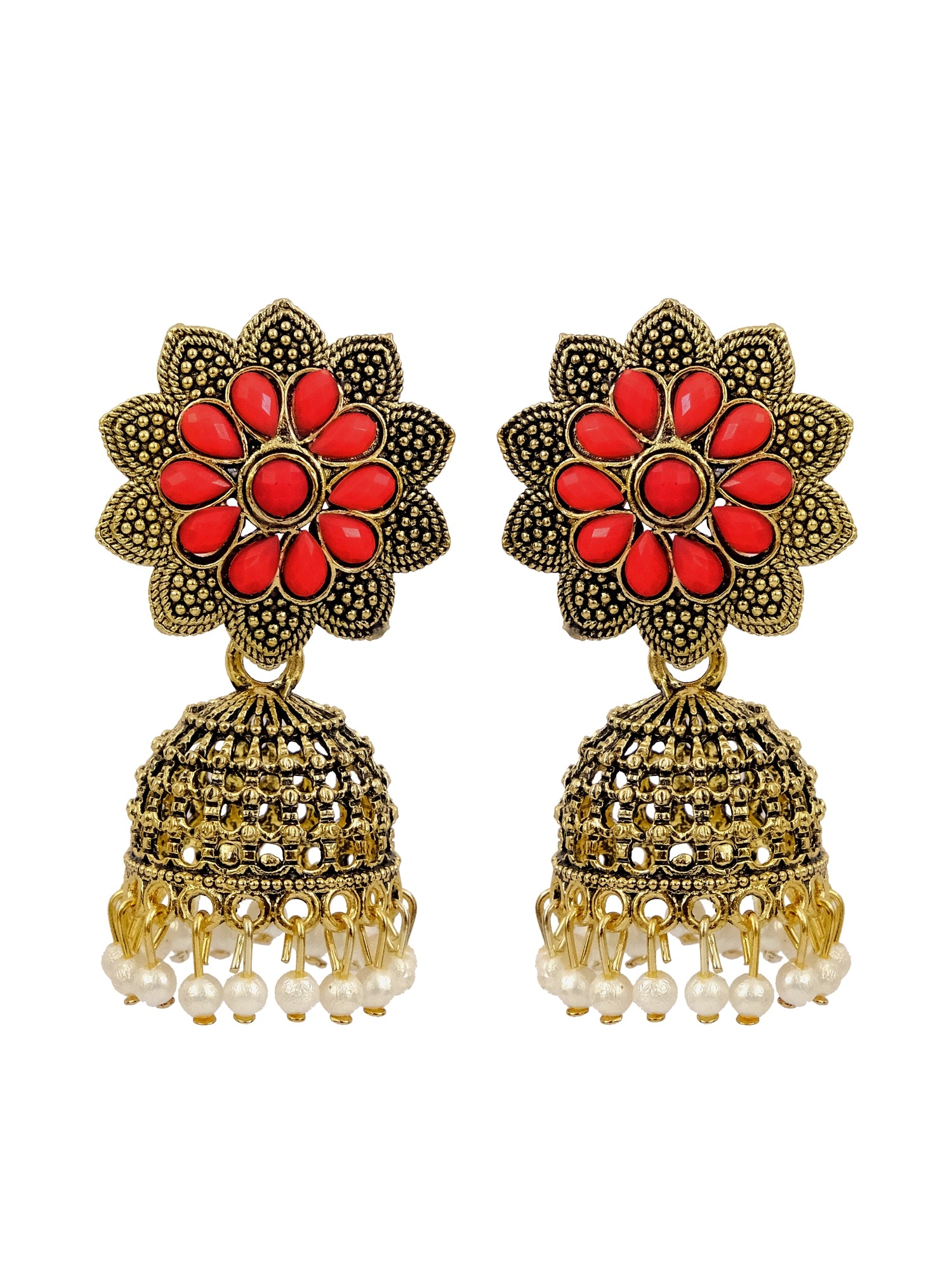 Exquisite Gold-Plated Red Floral Jhumka Earrings for Women - Especially Designed as Red Saree Jewellery