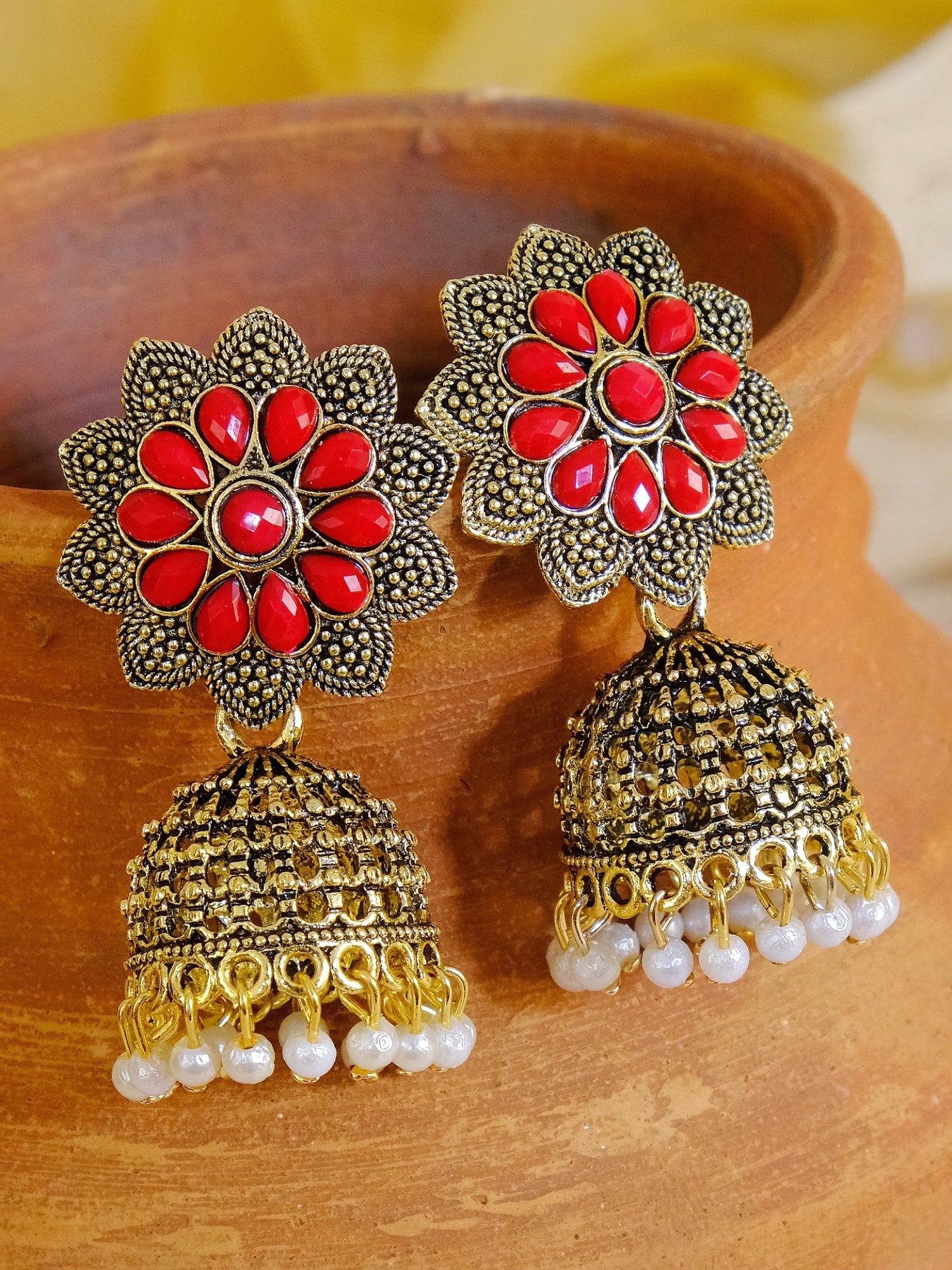 Exquisite Gold-Plated Red Floral Jhumka Earrings for Women - Especially Designed as Red Saree Jewellery