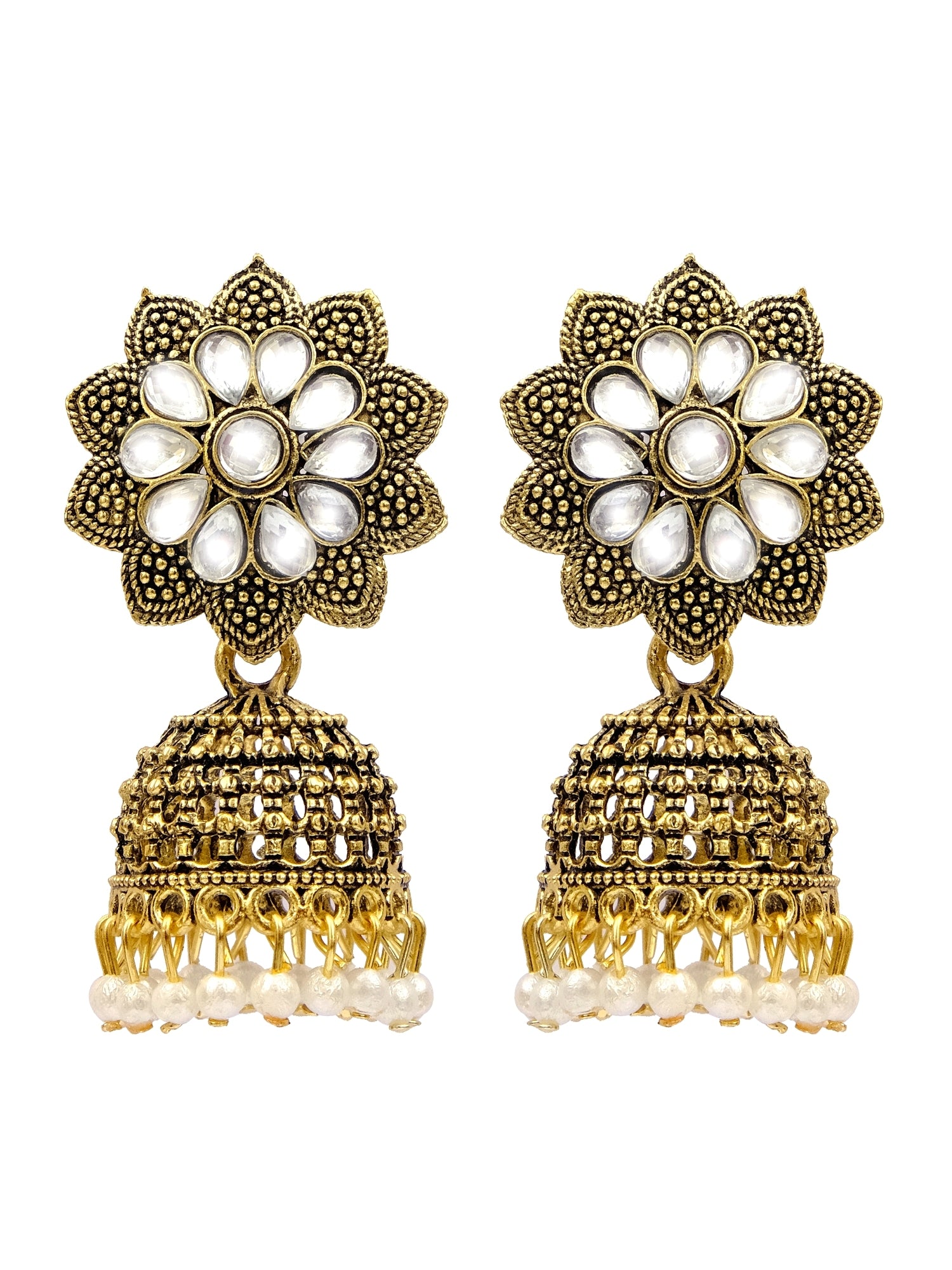 Gold-Plated White Kundan Earrings with Pearls for Girls