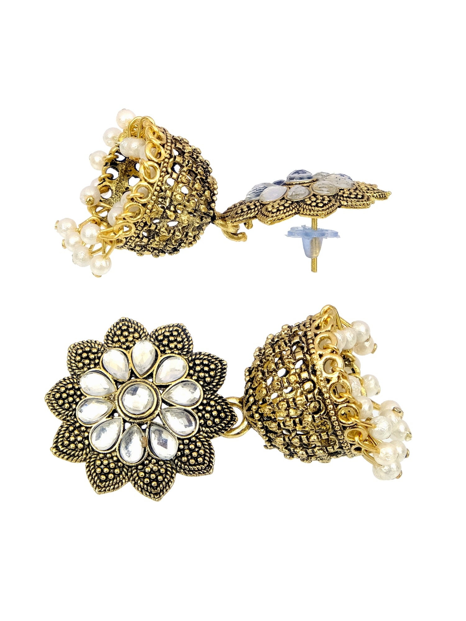 Gold-Plated White Kundan Earrings with Pearls for Girls