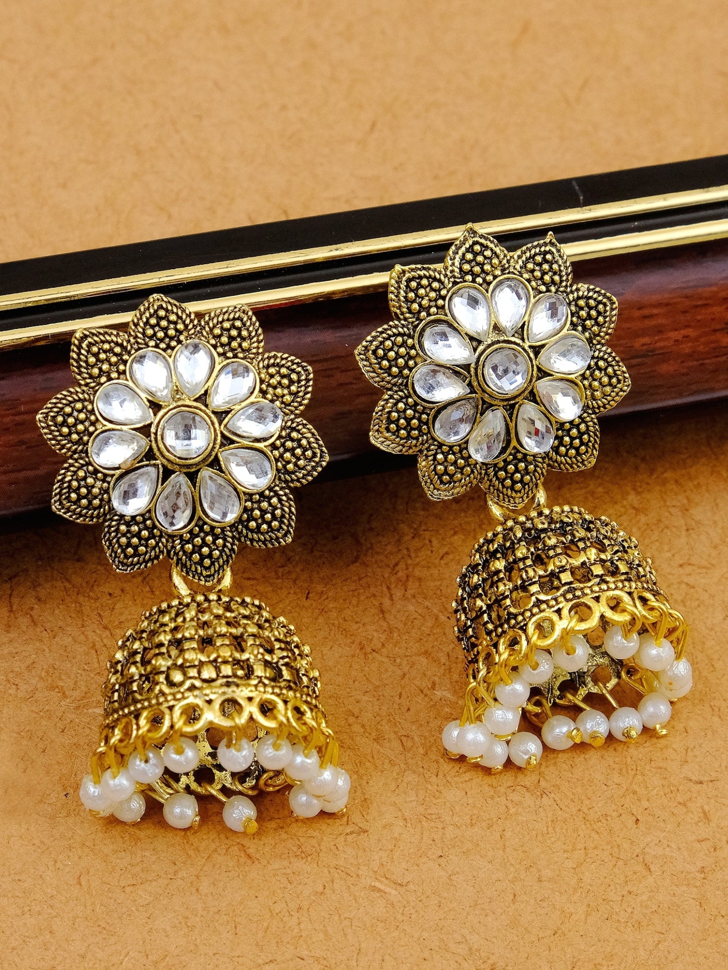 Gold-Plated White Kundan Earrings with Pearls for Girls