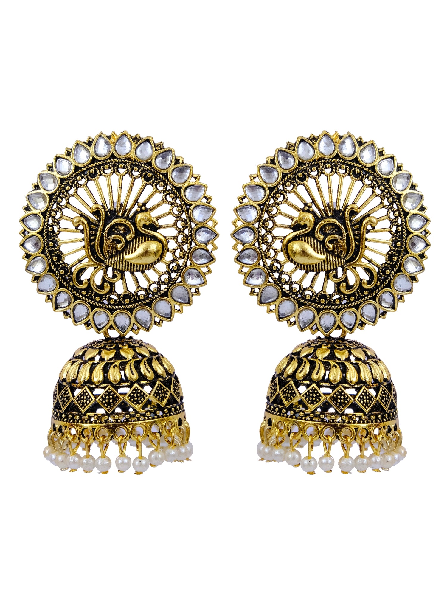 Gold Plated White Royal Kundan Peacock Jhumka Earrings for Women