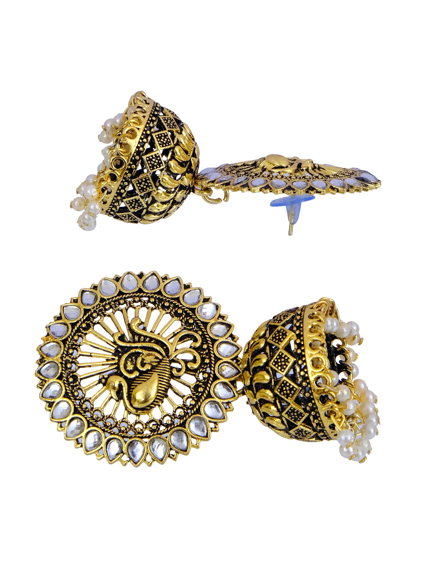 Gold Plated White Royal Kundan Peacock Jhumka Earrings for Women